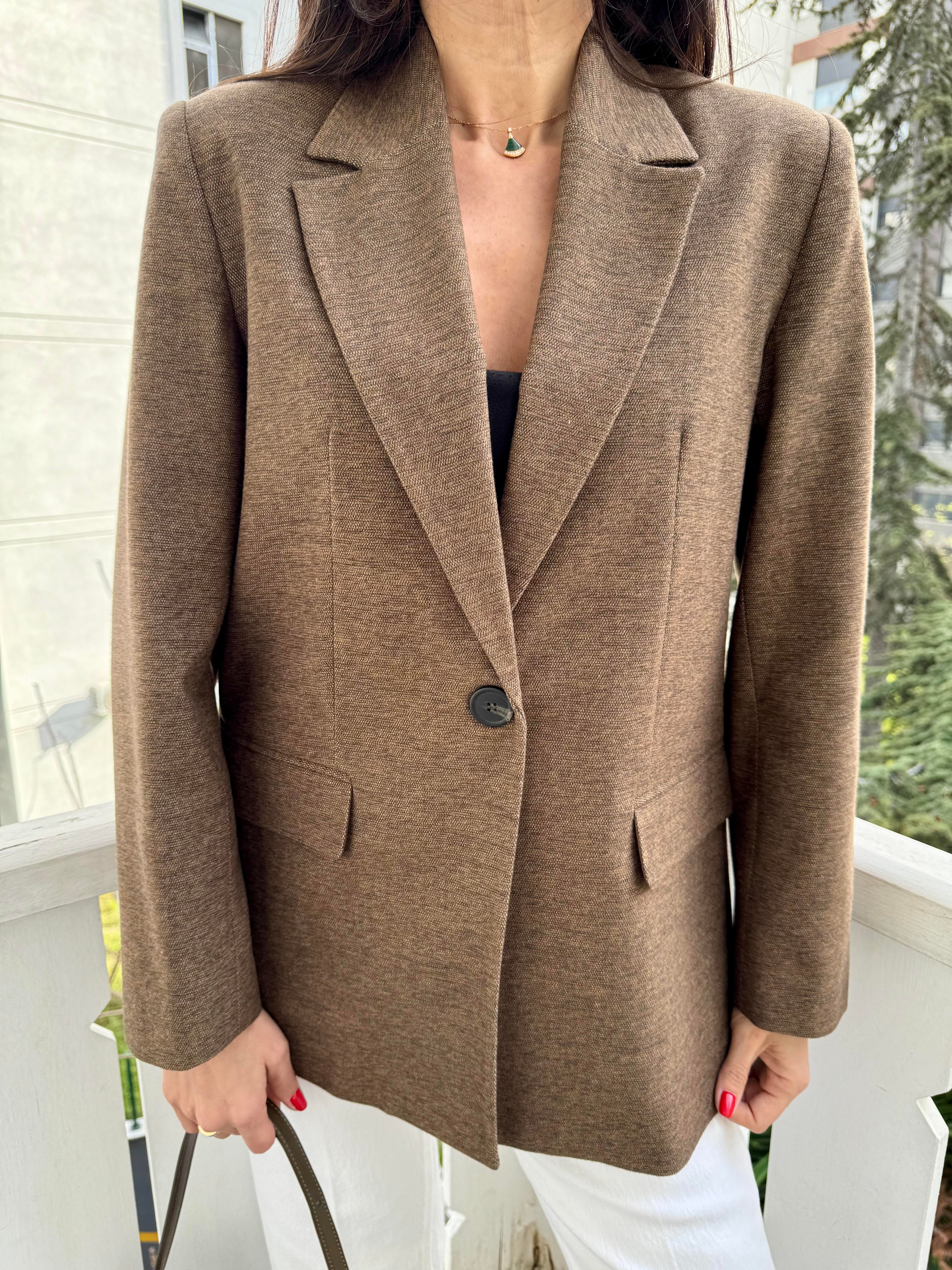 Kahve Dümdüz Fit Blazer