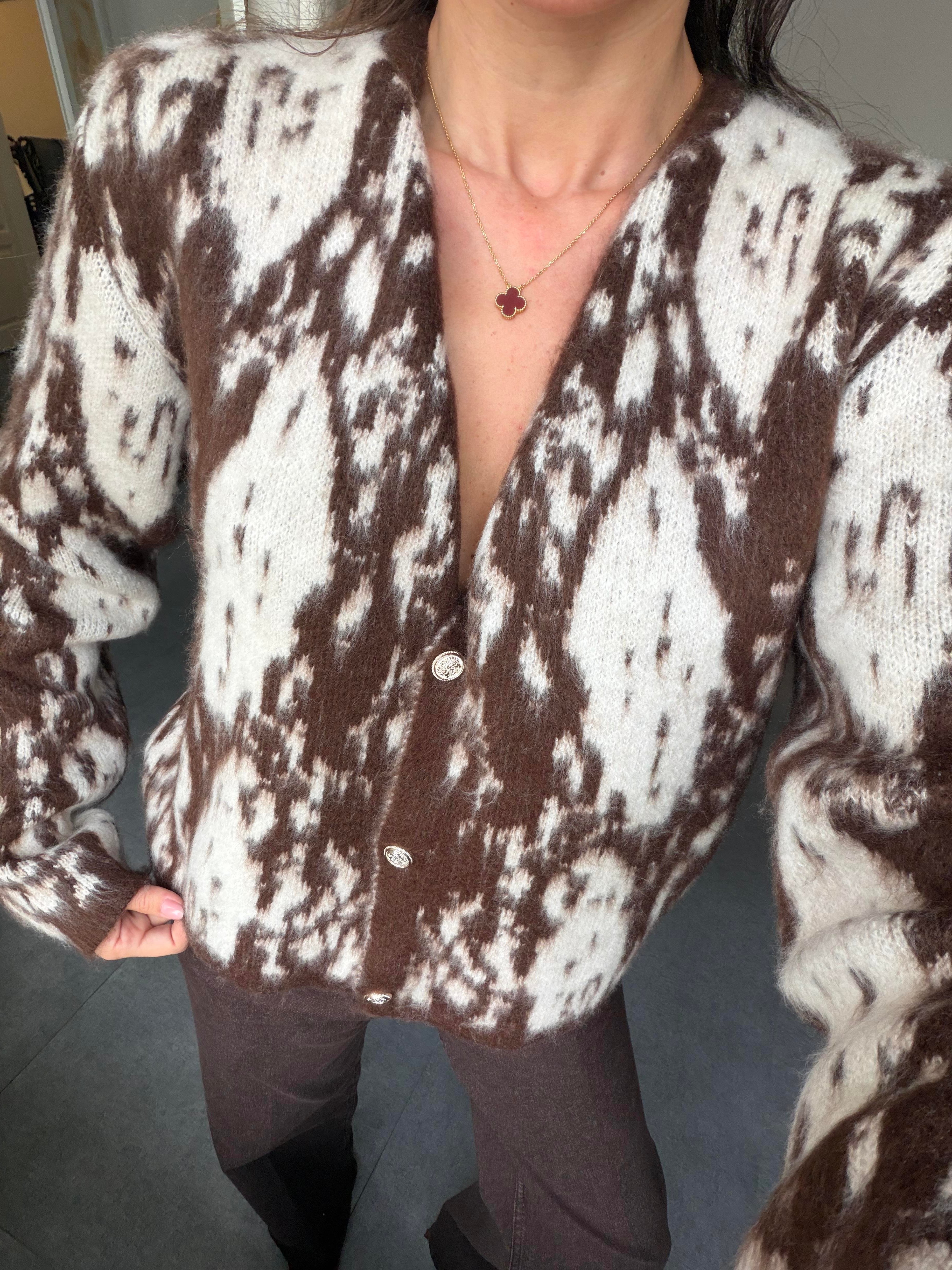 Kahve-Ekru 2 Renkli Düğmeli Hırka