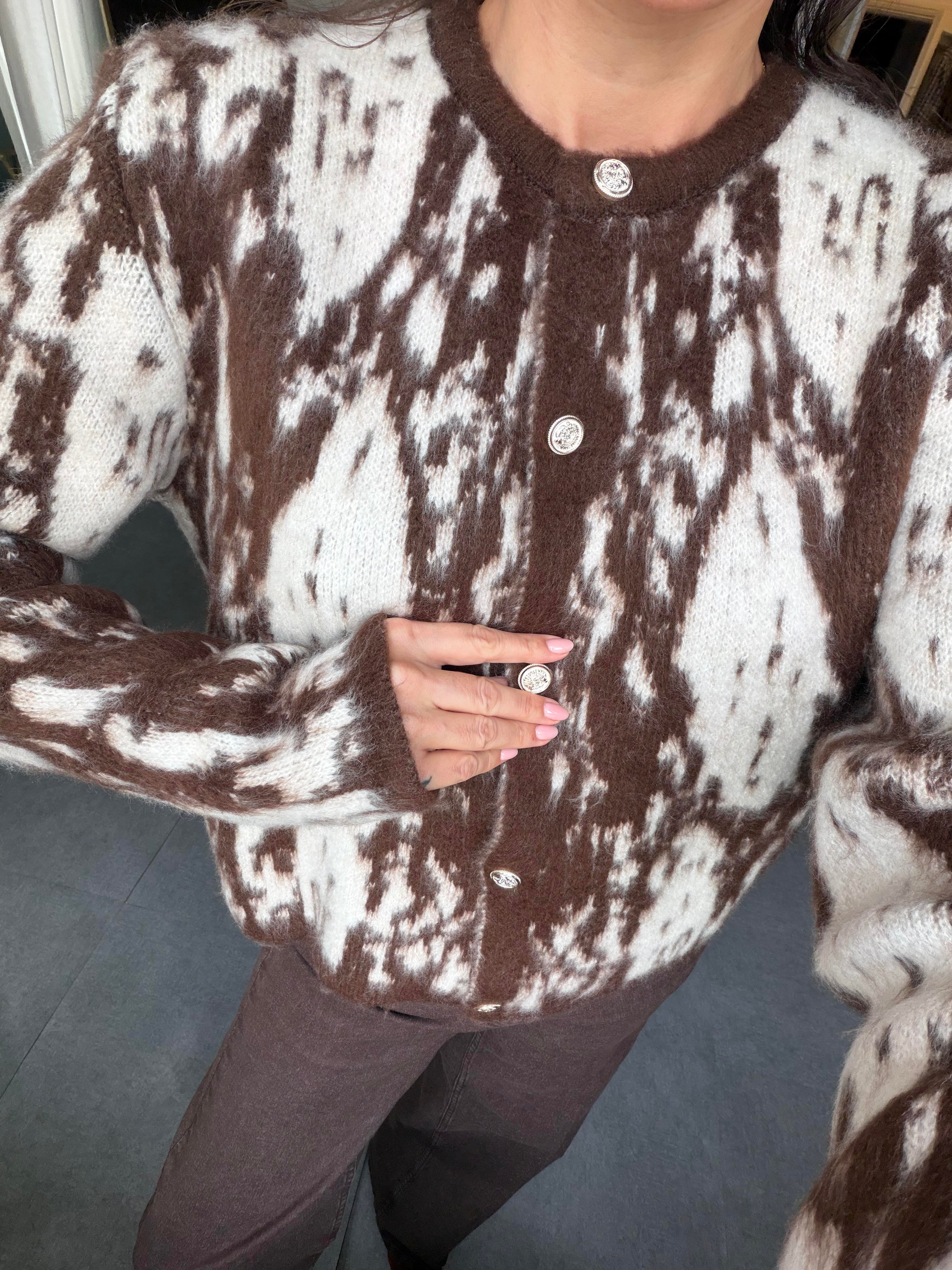 Kahve-Ekru 2 Renkli Düğmeli Hırka