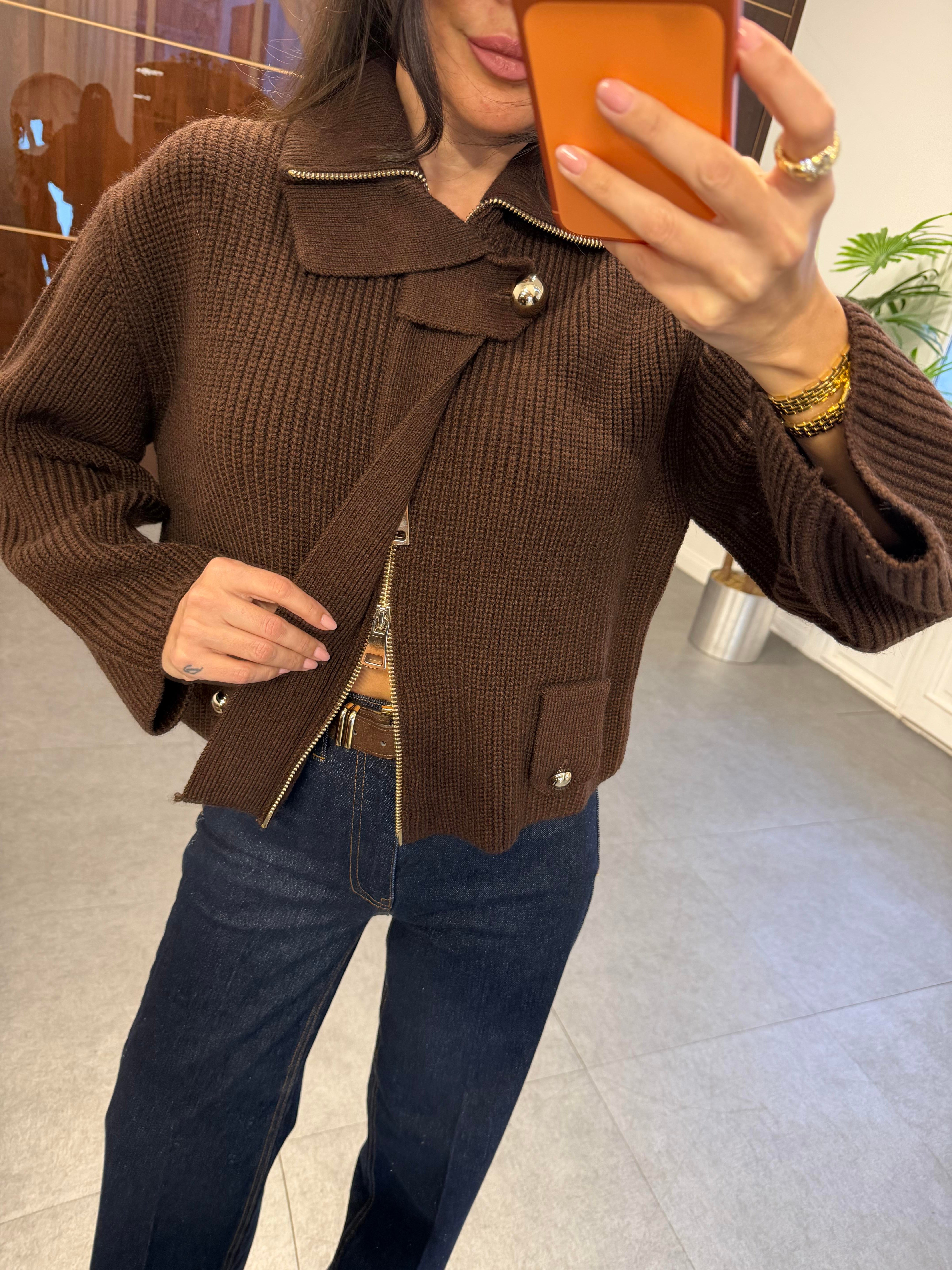 Kahve Fermuarlı Kemerli Düğmeli Yünlü Triko Hırka