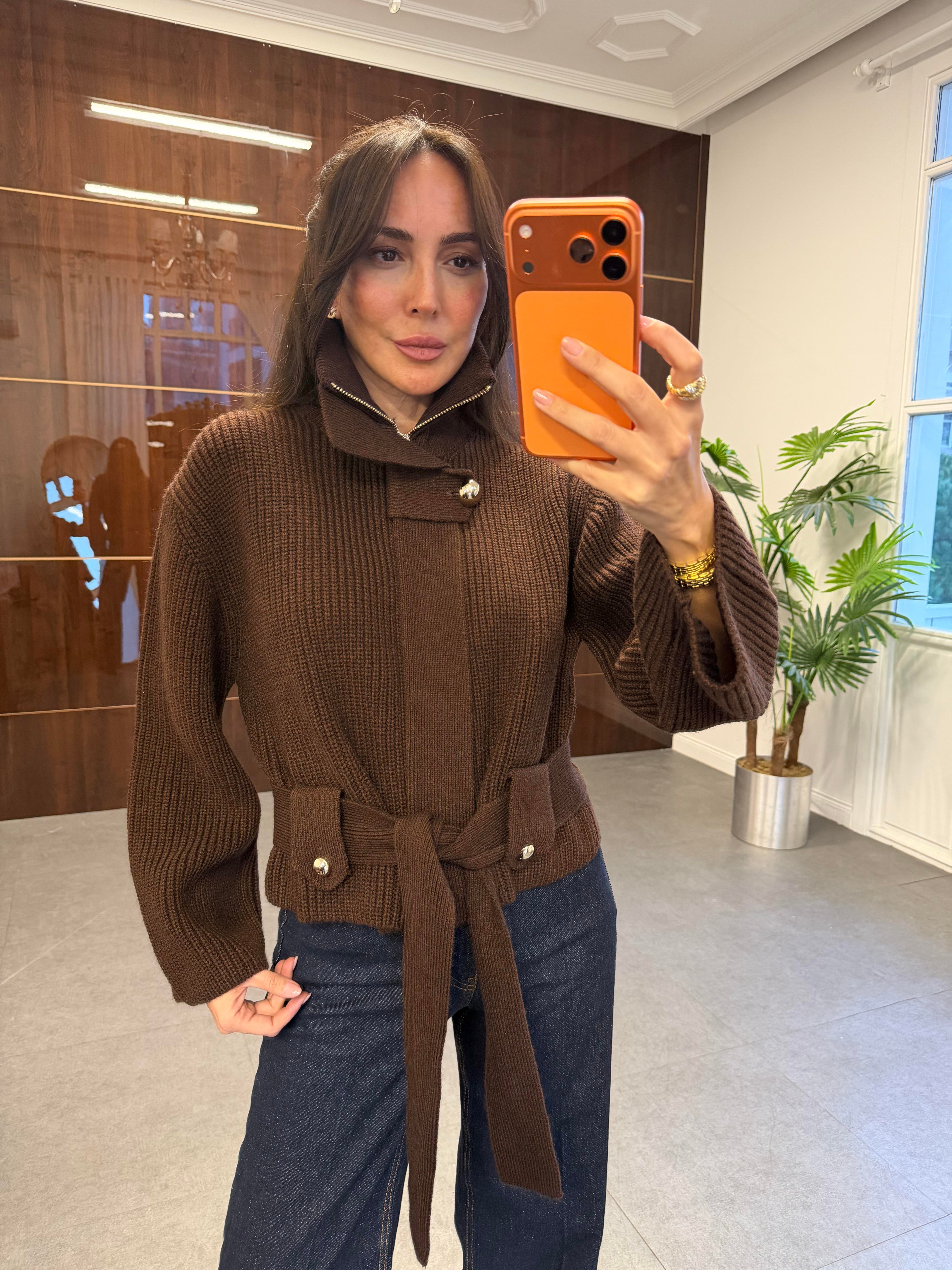 Kahve Fermuarlı Kemerli Düğmeli Yünlü Triko Hırka