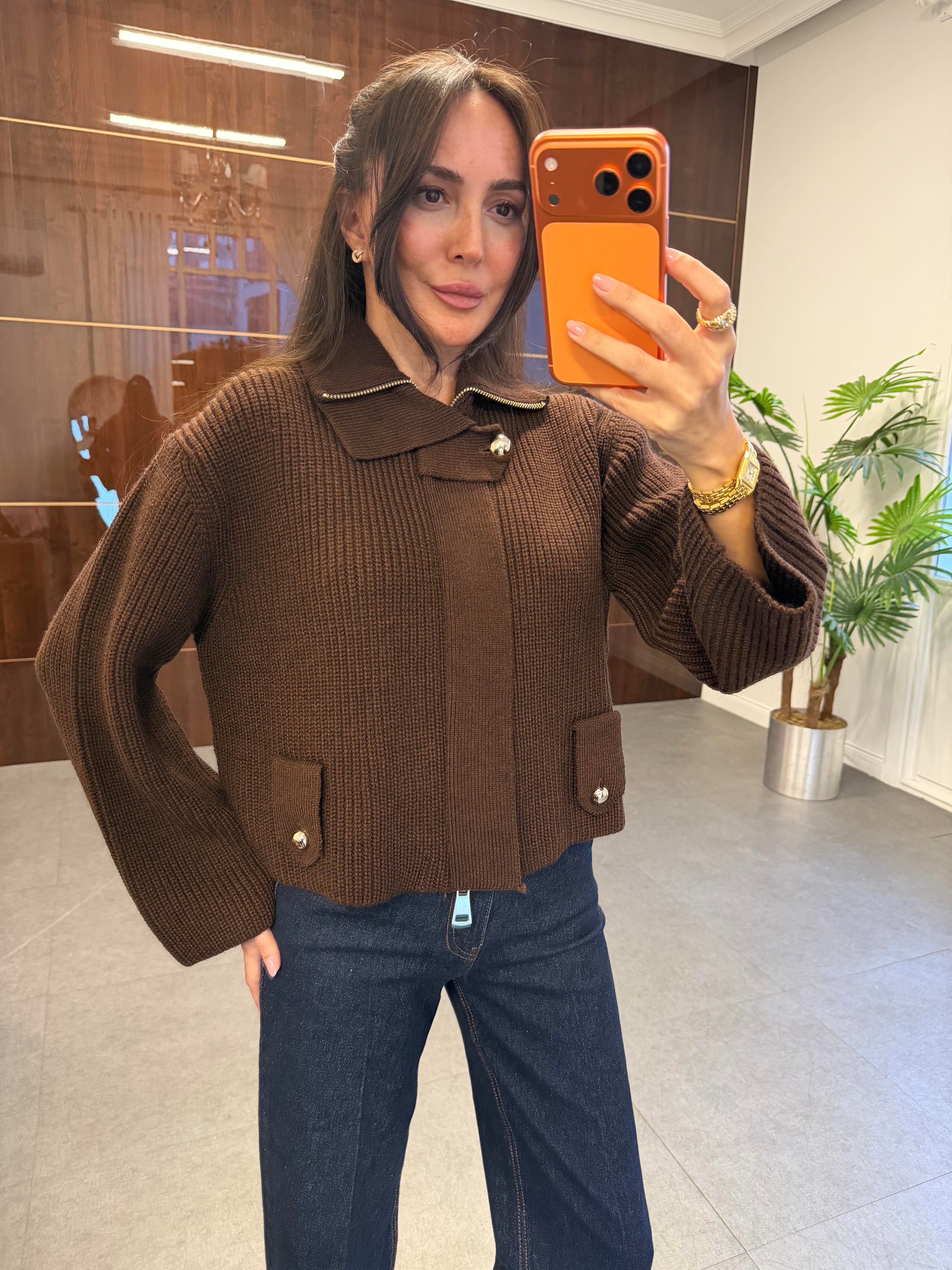 Kahve Fermuarlı Kemerli Düğmeli Yünlü Triko Hırka