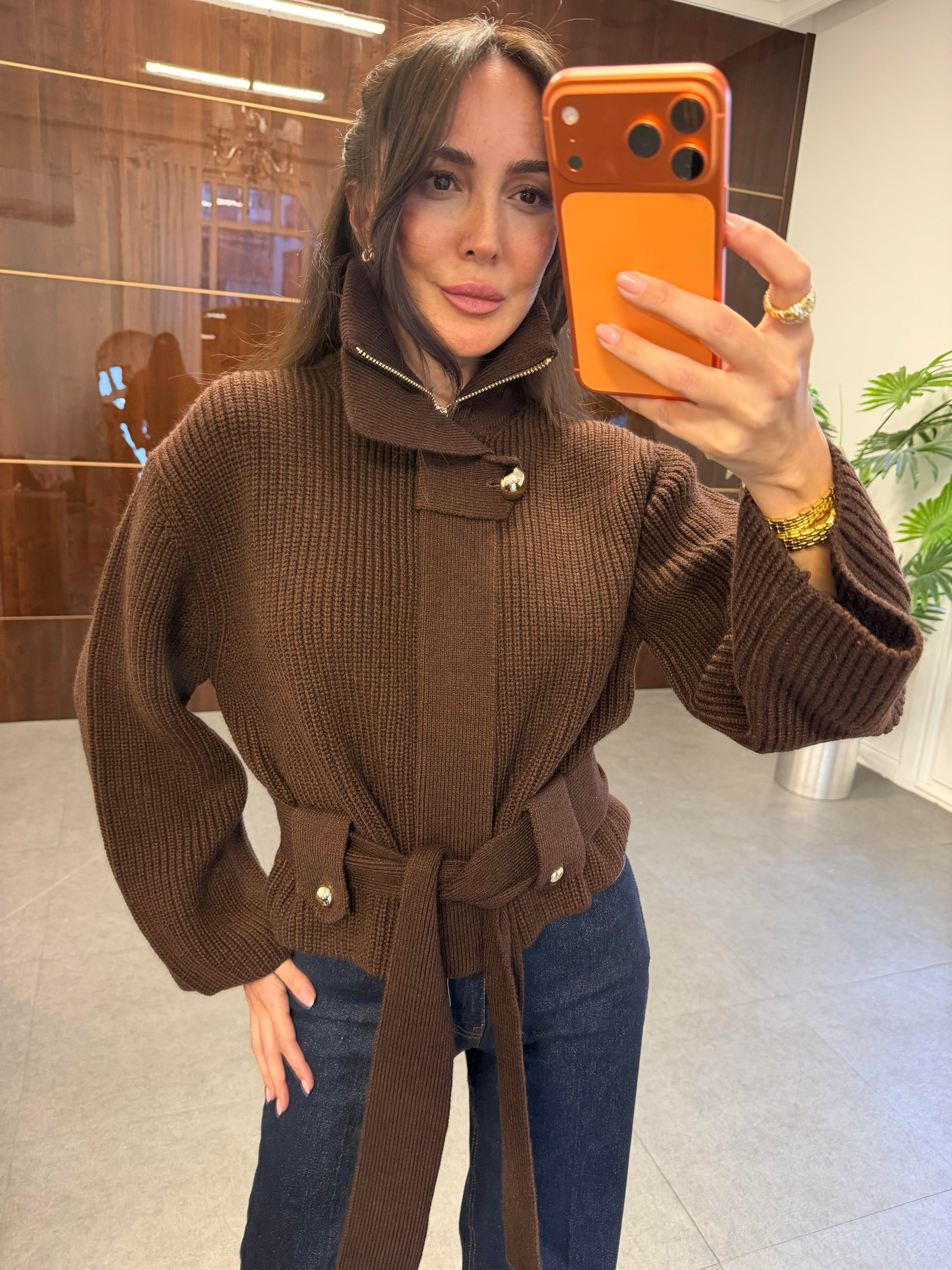 Kahve Fermuarlı Kemerli Düğmeli Yünlü Triko Hırka