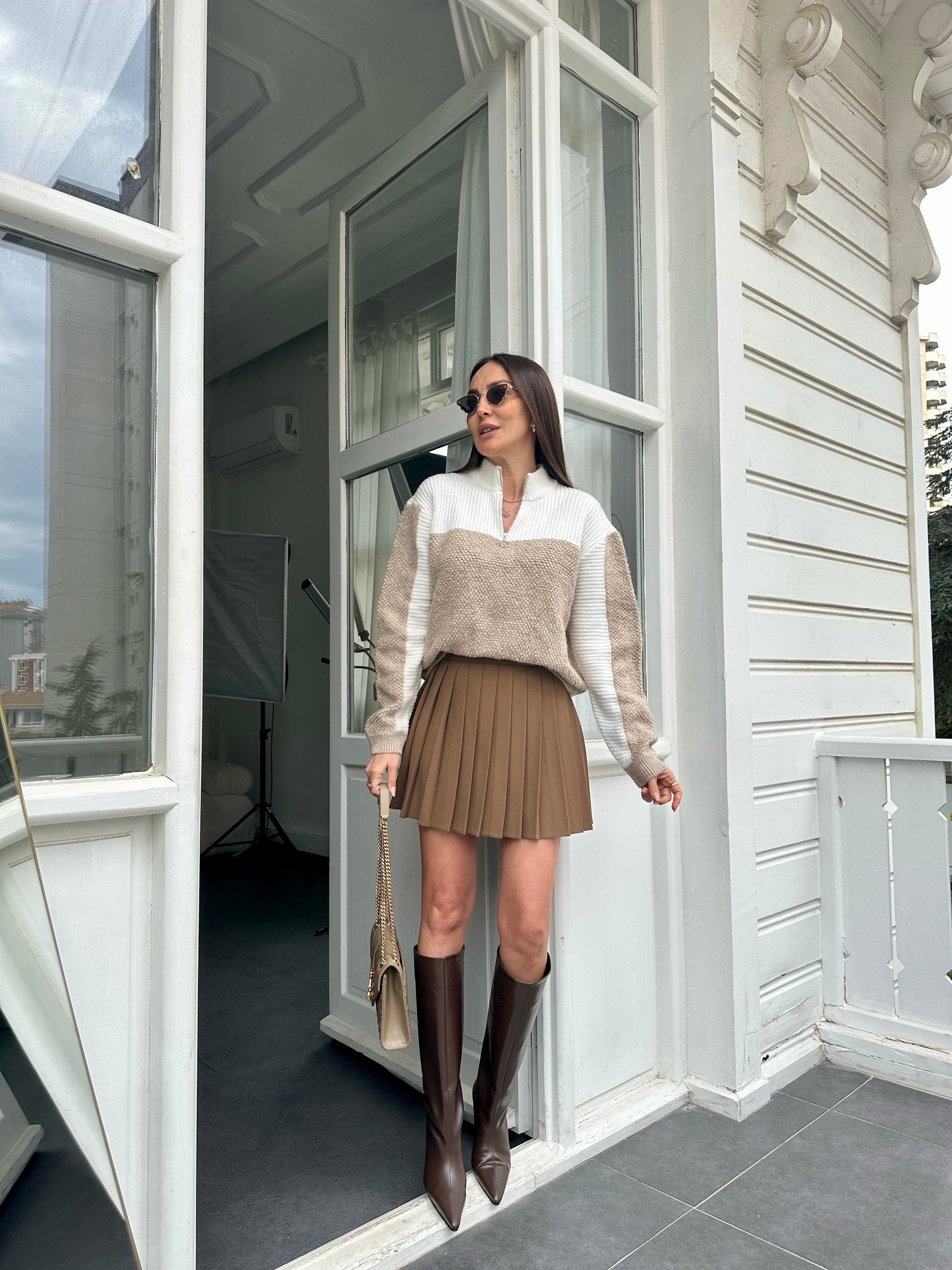 Kahve Fermuarlı Piliseli Mini Etek