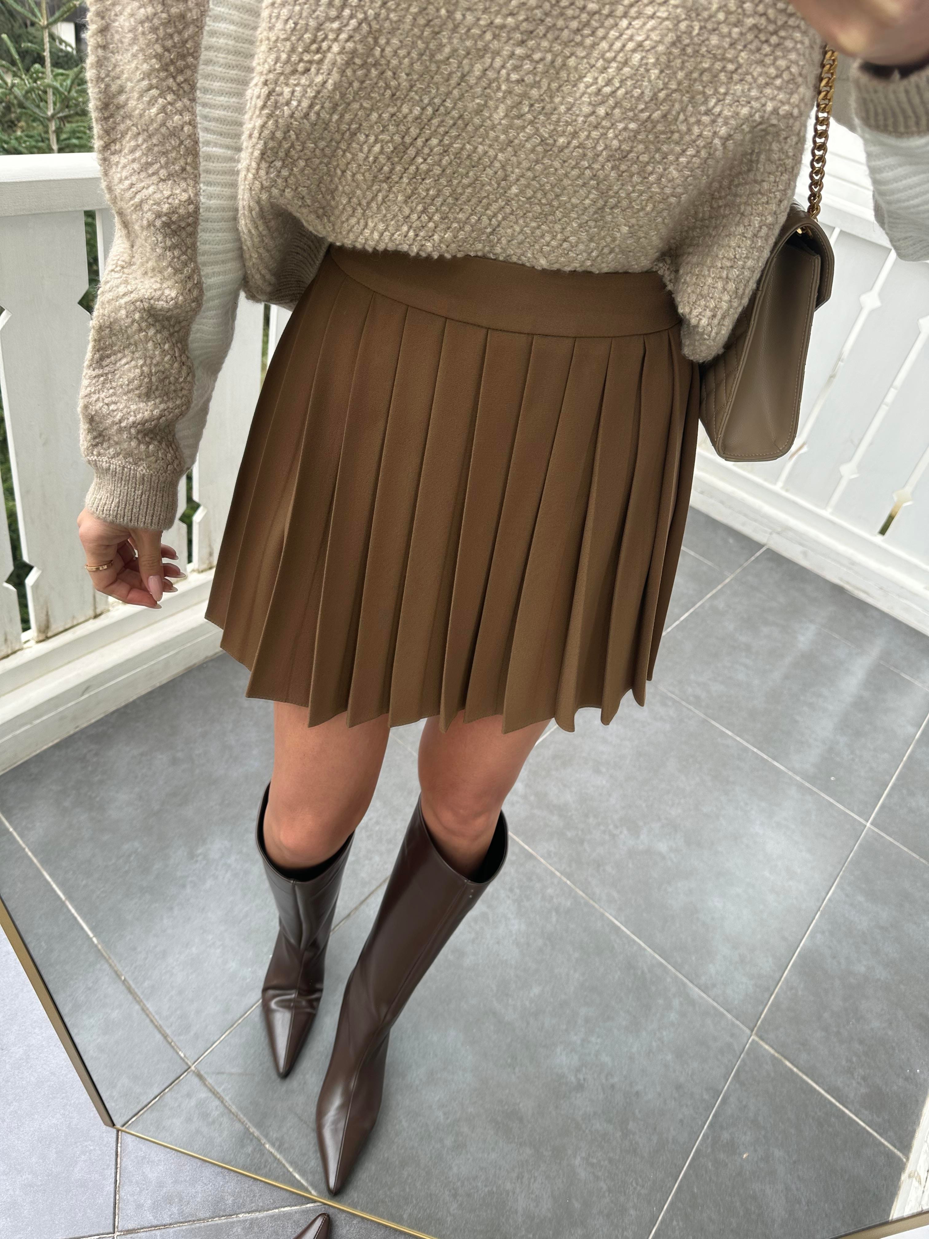 Kahve Fermuarlı Piliseli Mini Etek