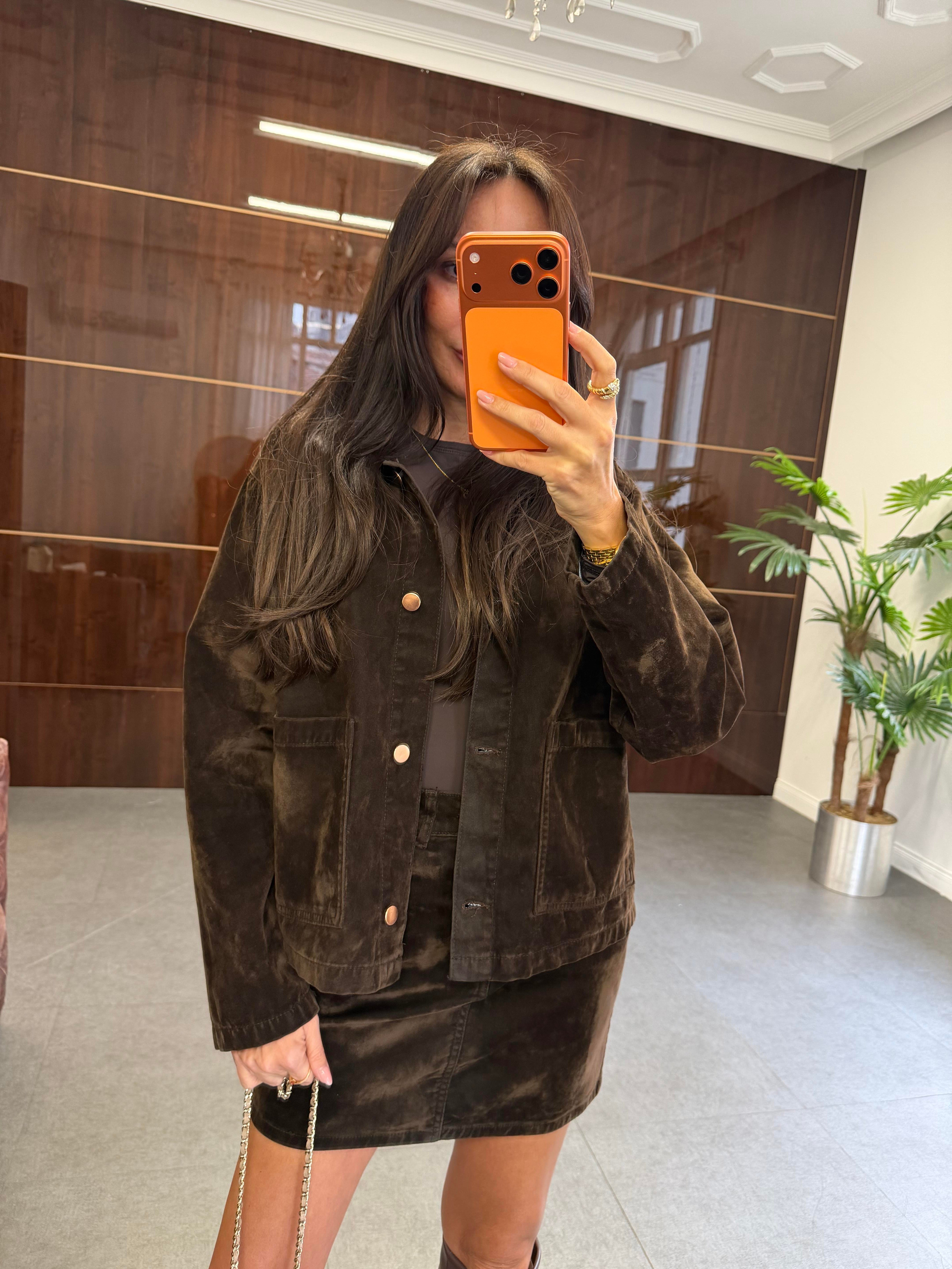 Kahve Flok Kaplama Cepli Ceket