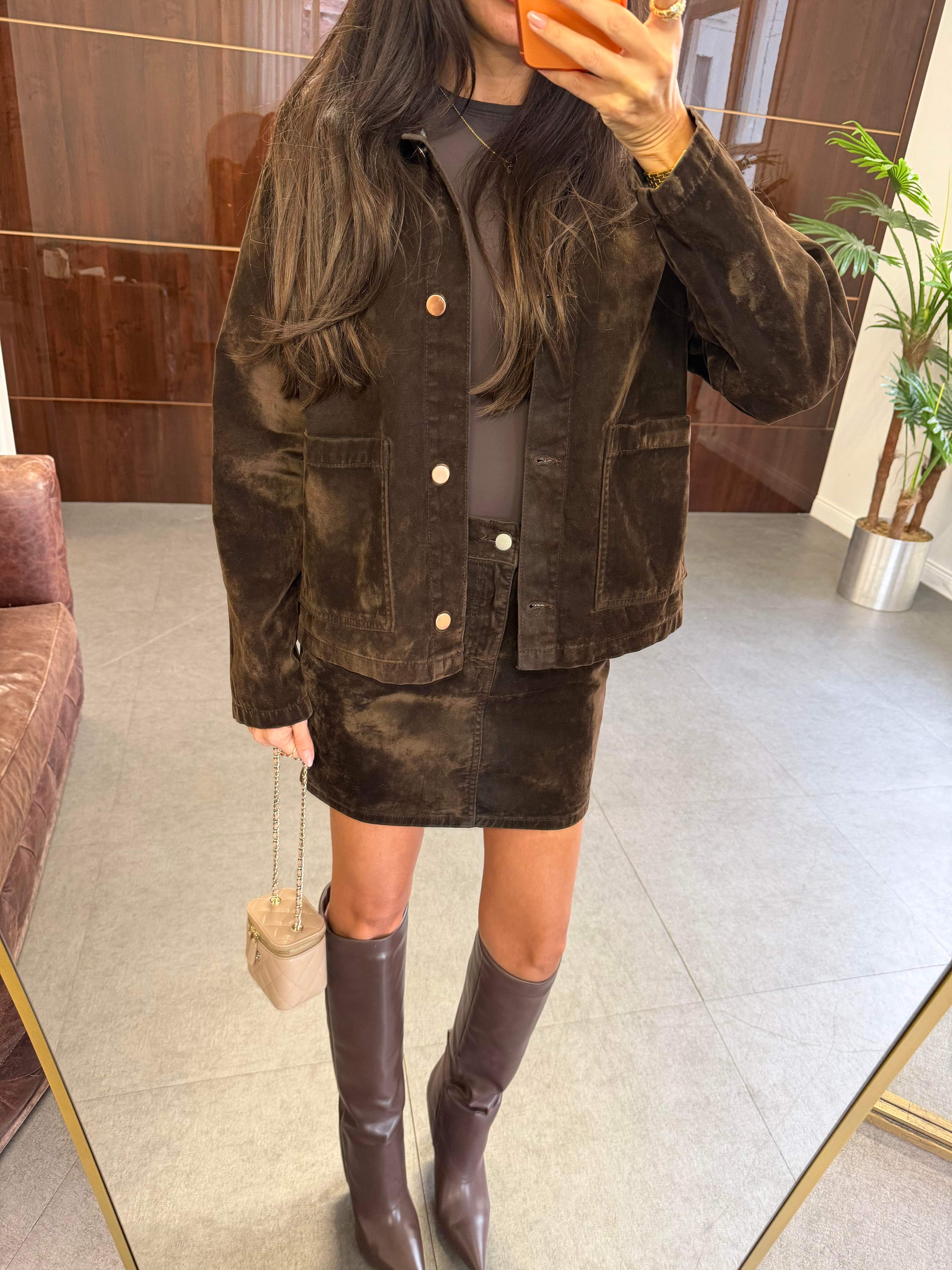 Kahve Flok Kaplama Cepli Ceket