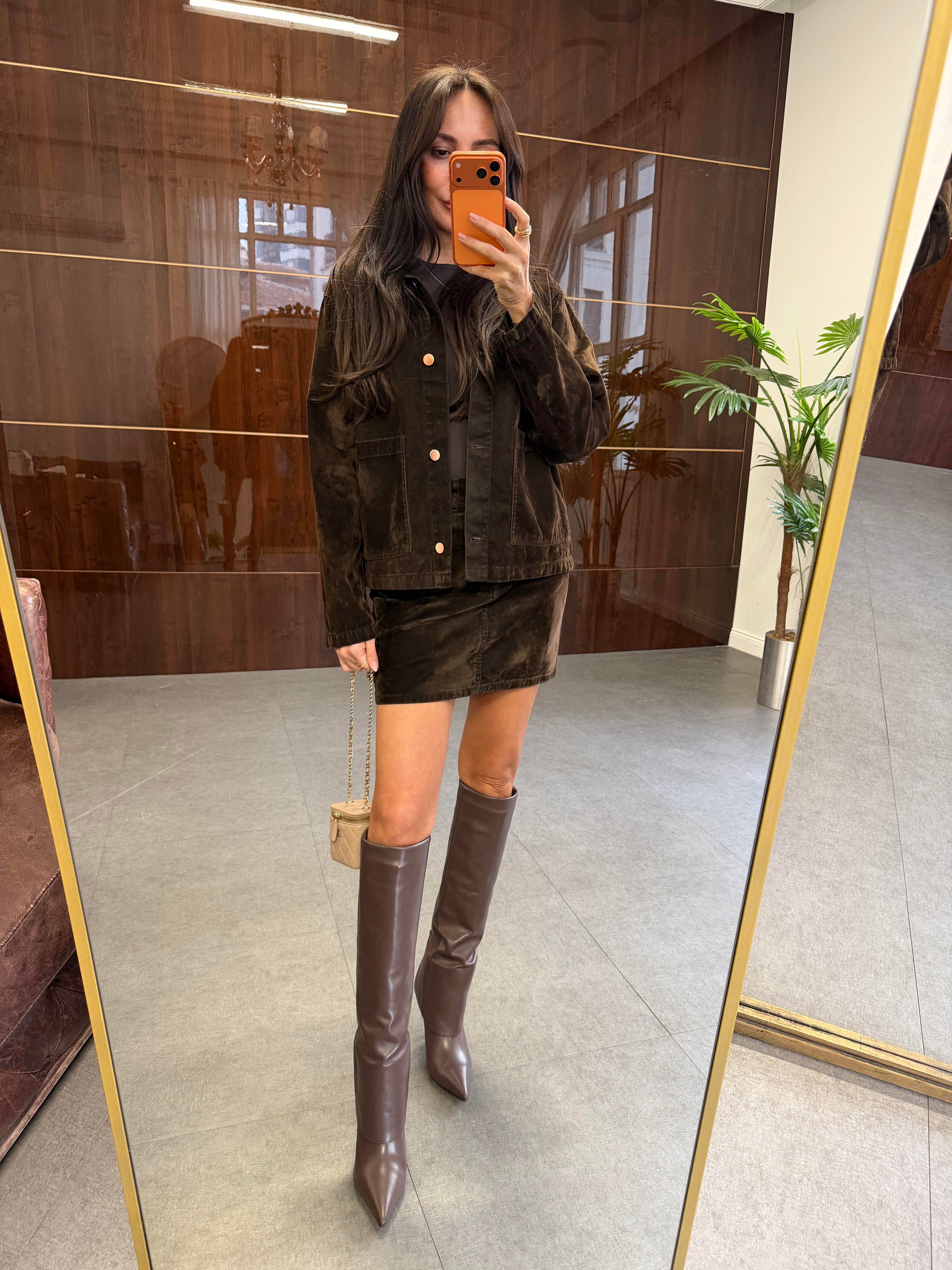 Kahve Flok Kaplama Likralı Mini Etek