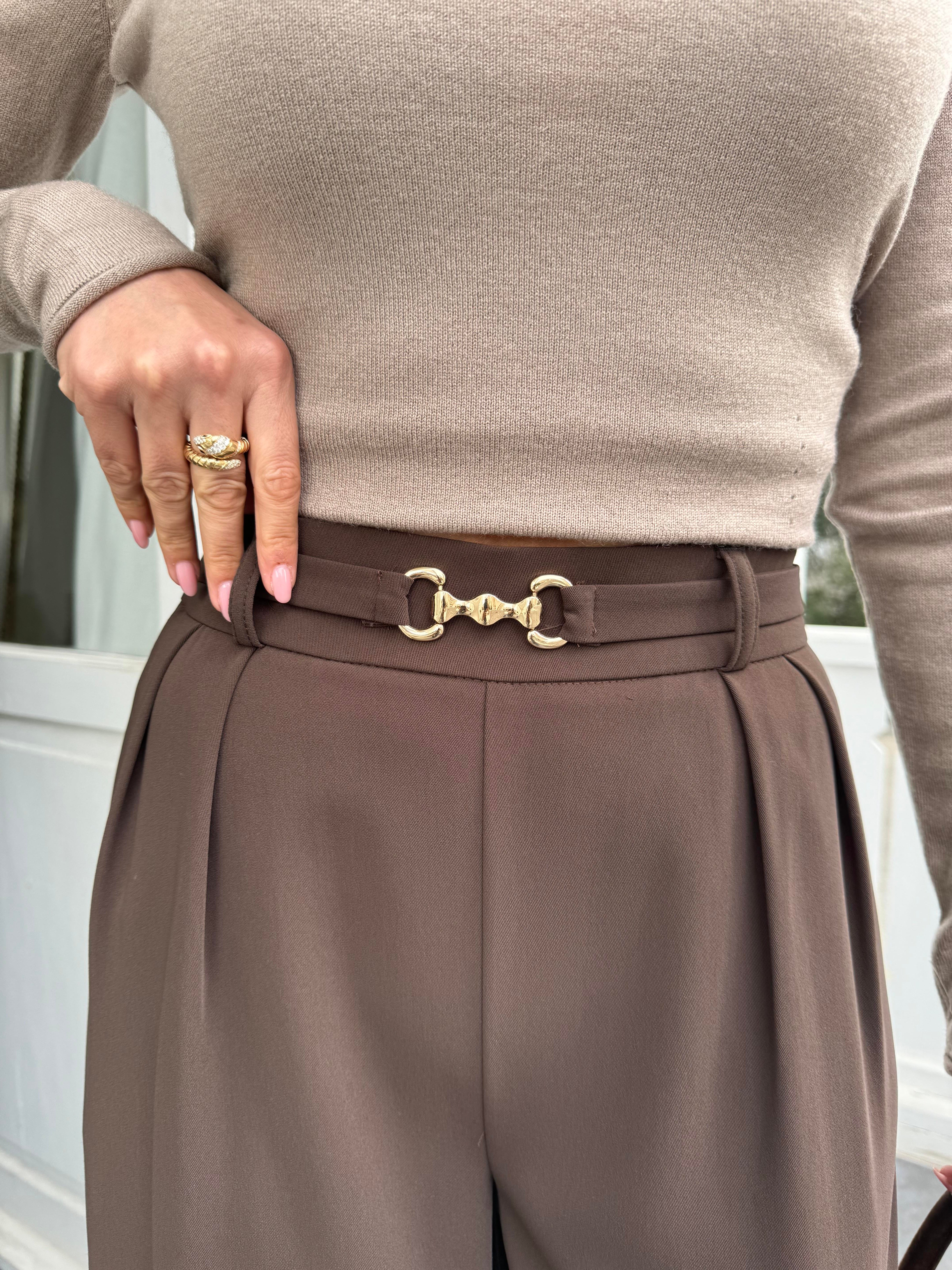 Kahve Gold Toka Kemerli Kumaş Pantolon