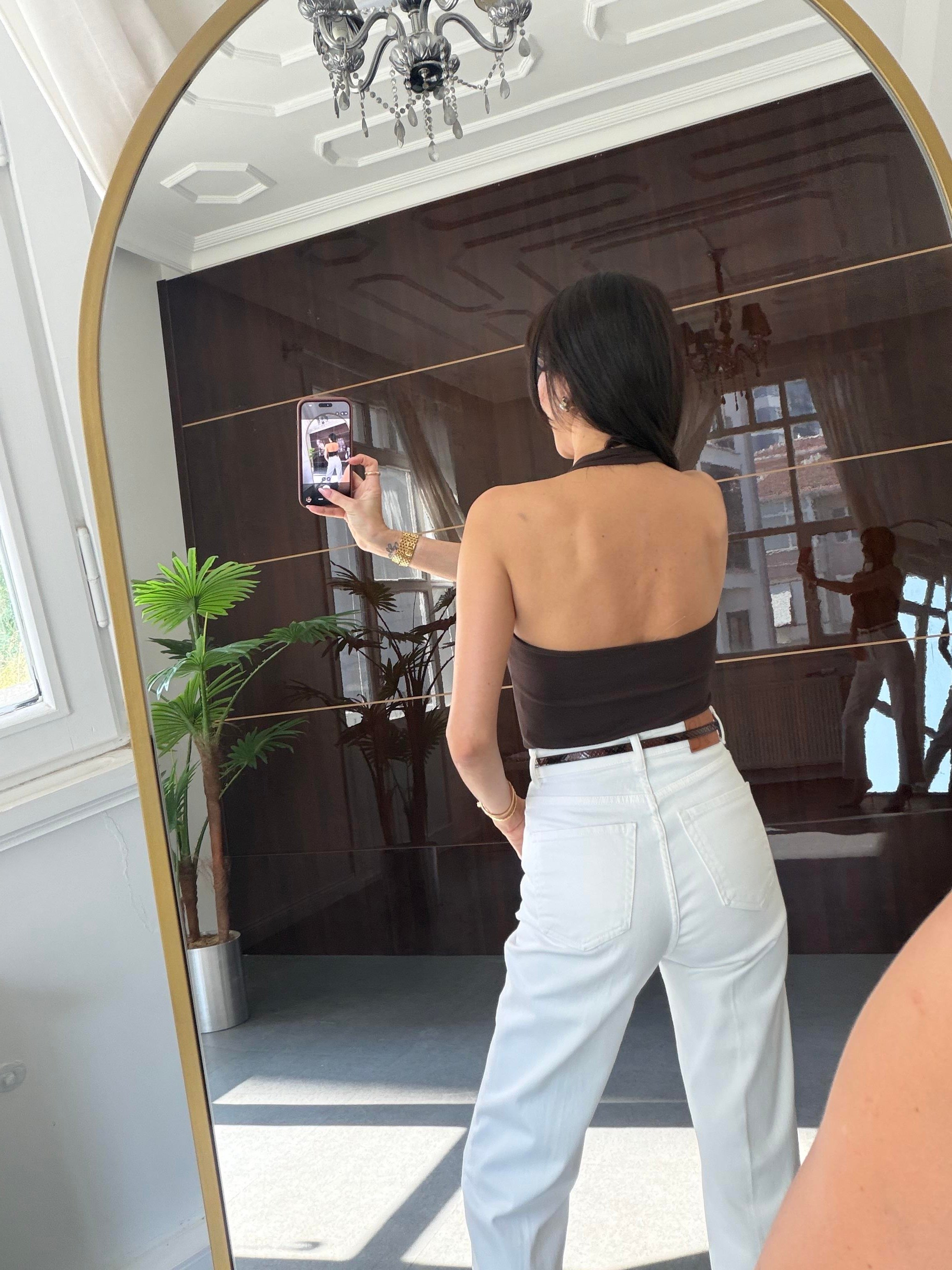 Kahve Halter Kesim Fitted Bluz