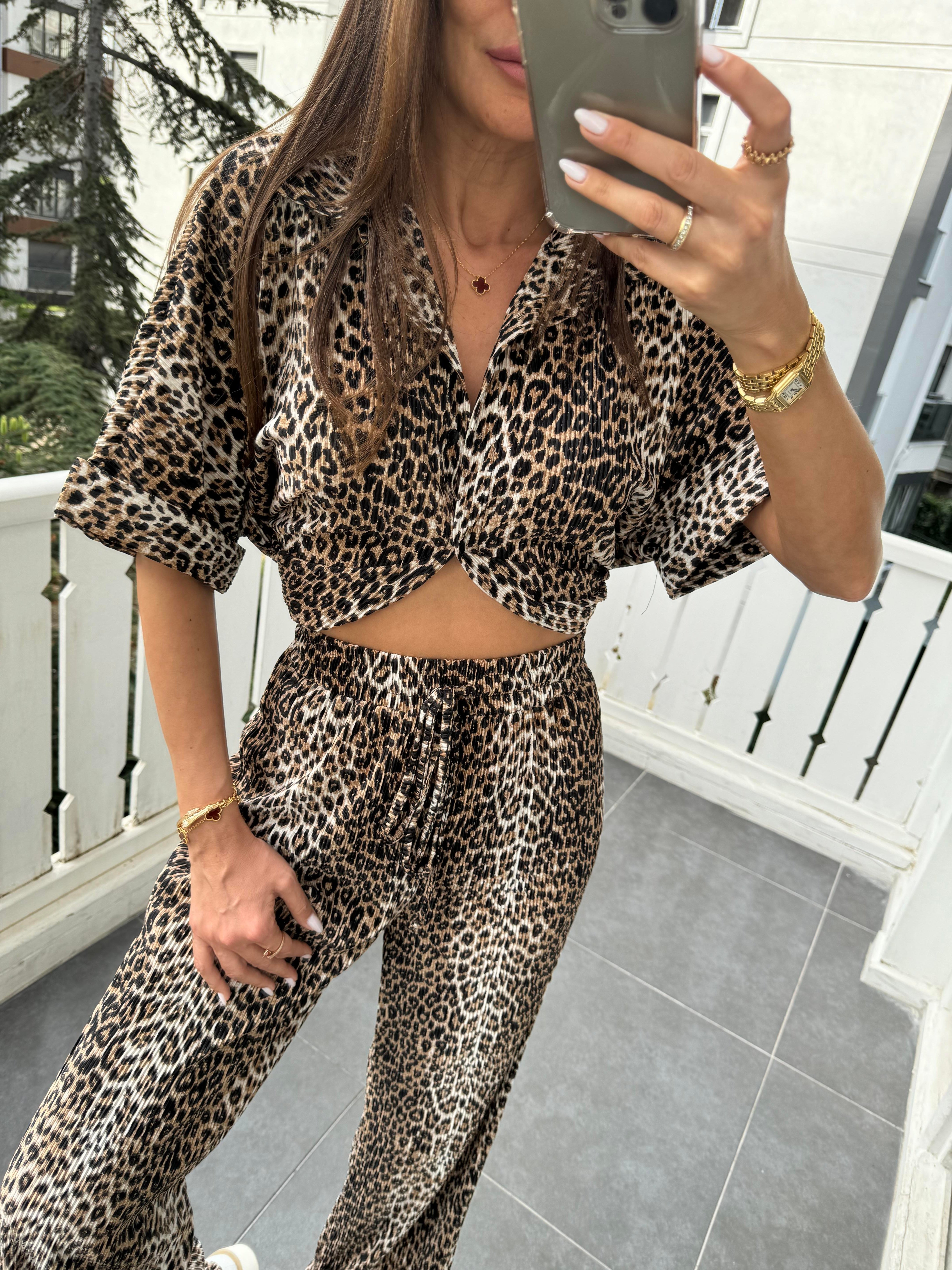 Kahve Kırınkıl Kumaş Leopar Gömlek