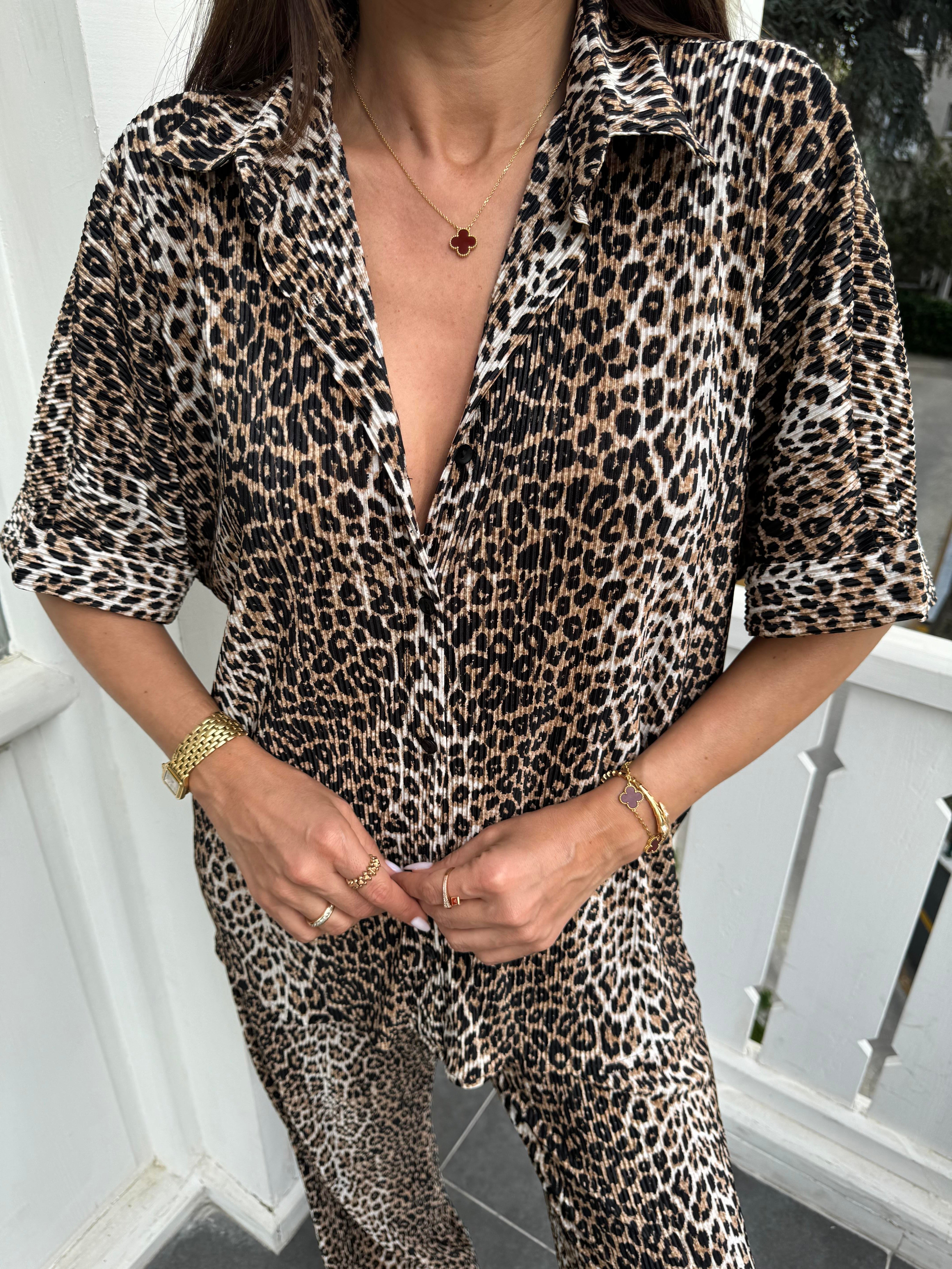 Kahve Kırınkıl Kumaş Leopar Gömlek