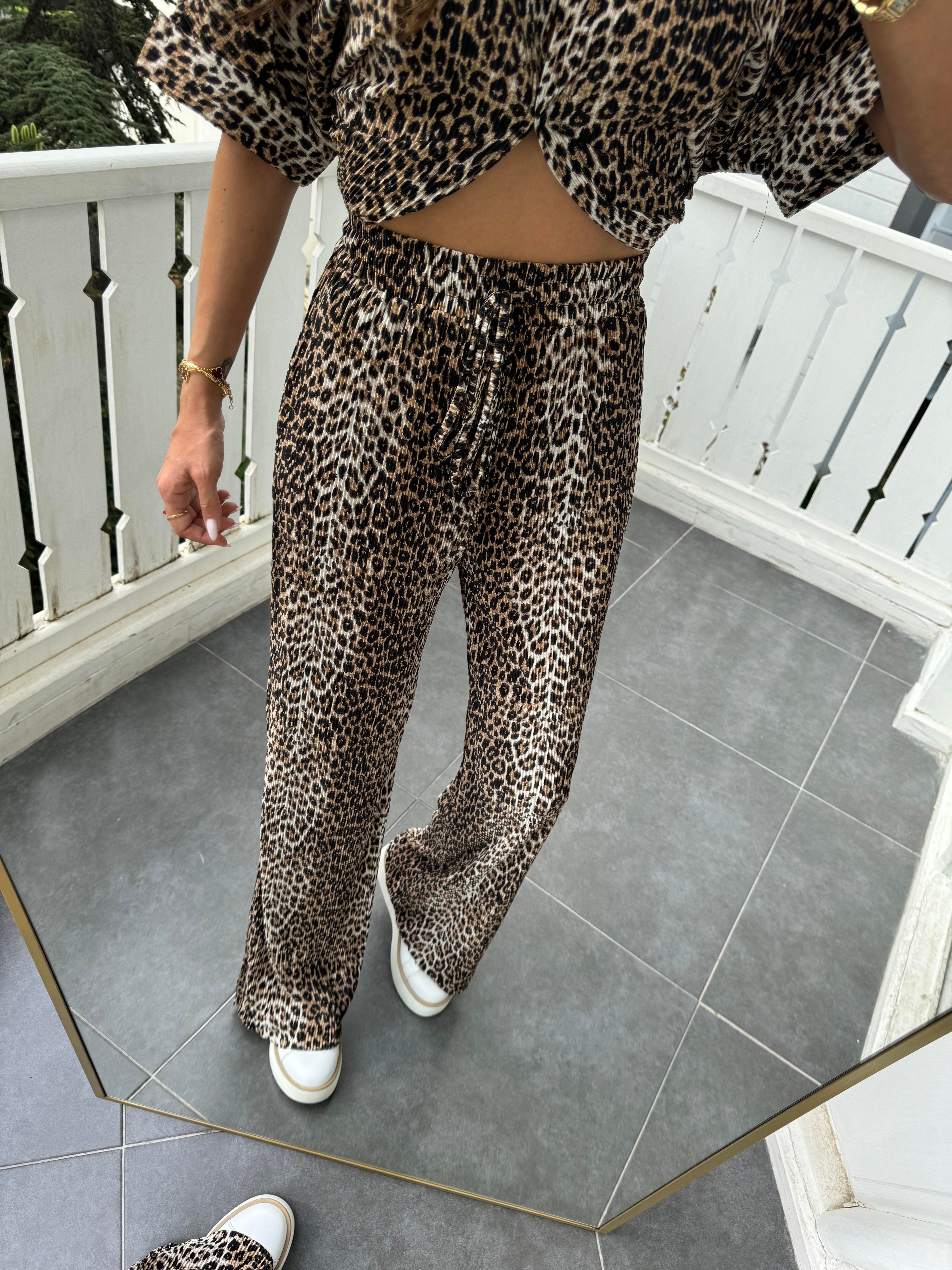 Kahve Kırınkıl Kumaş Leopar Pantolon