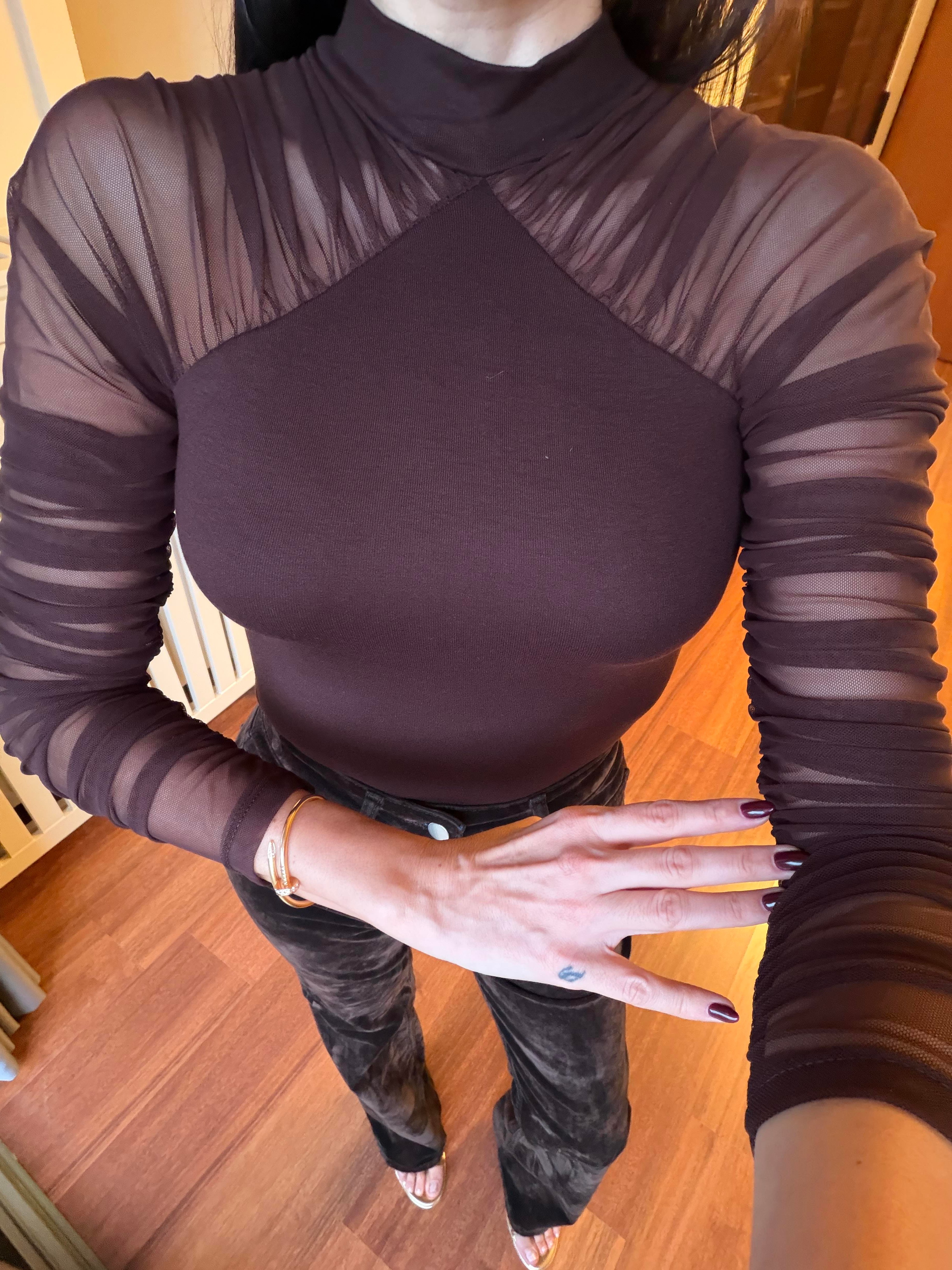 Kahve Kolları Tül Ribanalı Bluz