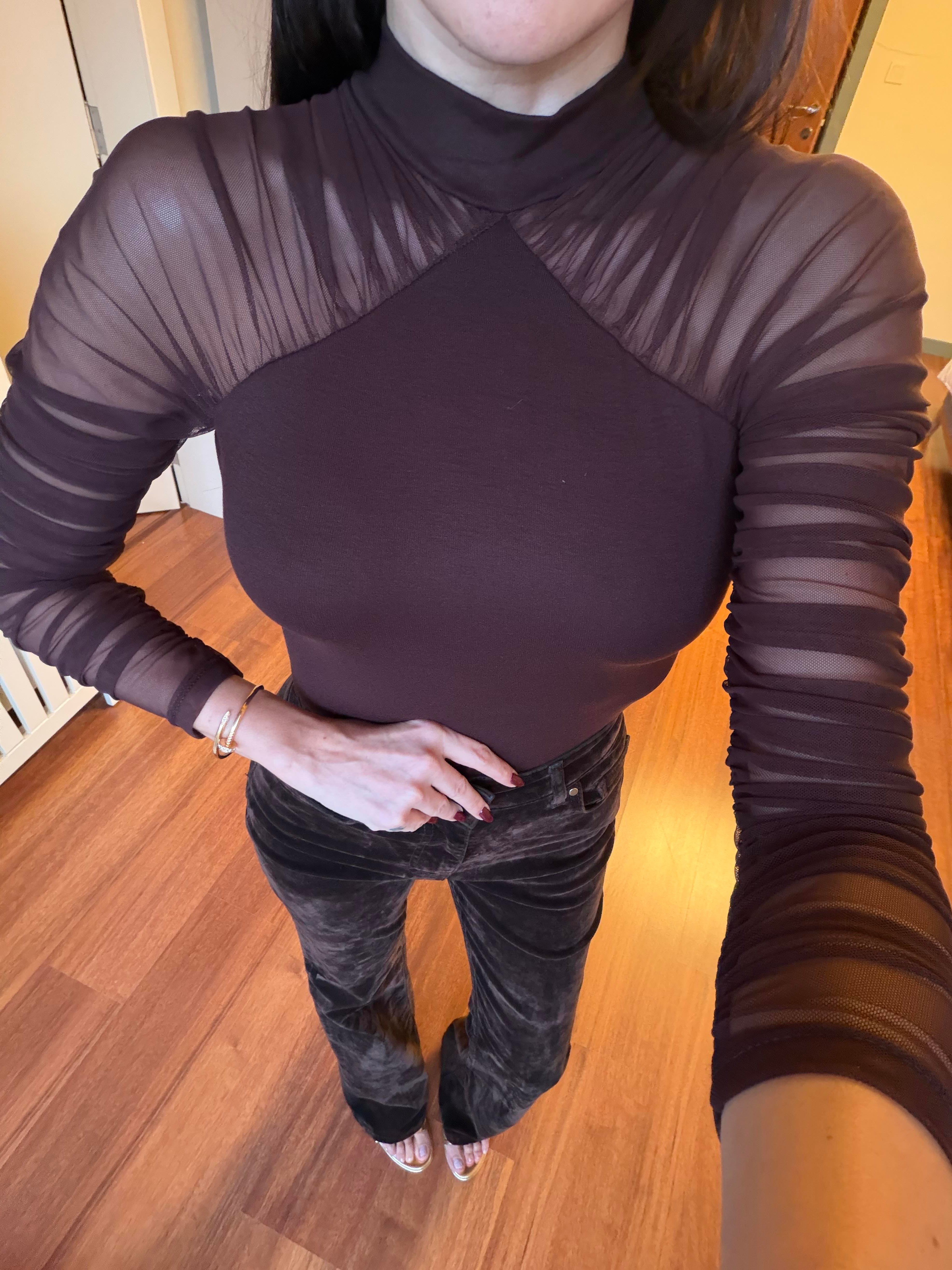 Kahve Kolları Tül Ribanalı Bluz