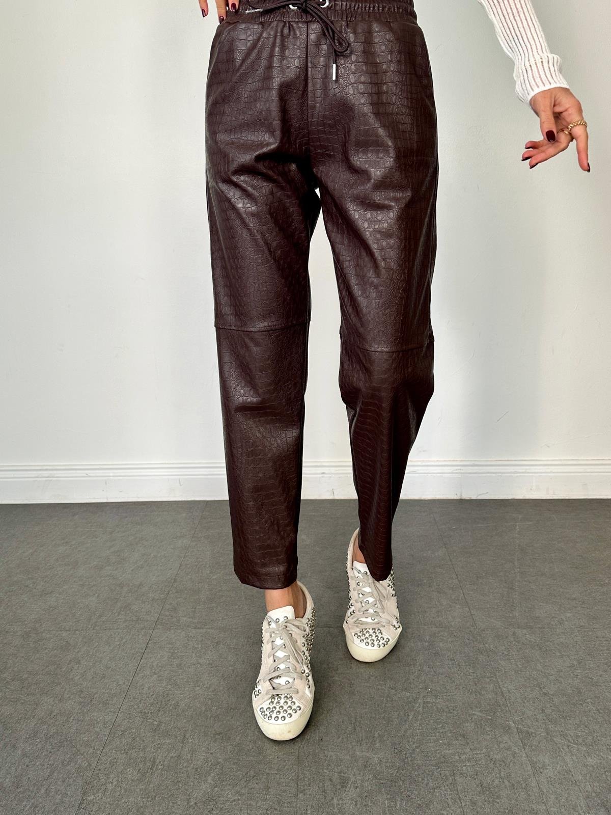 Kahve Krokodil Çimalı Deri Pantolon