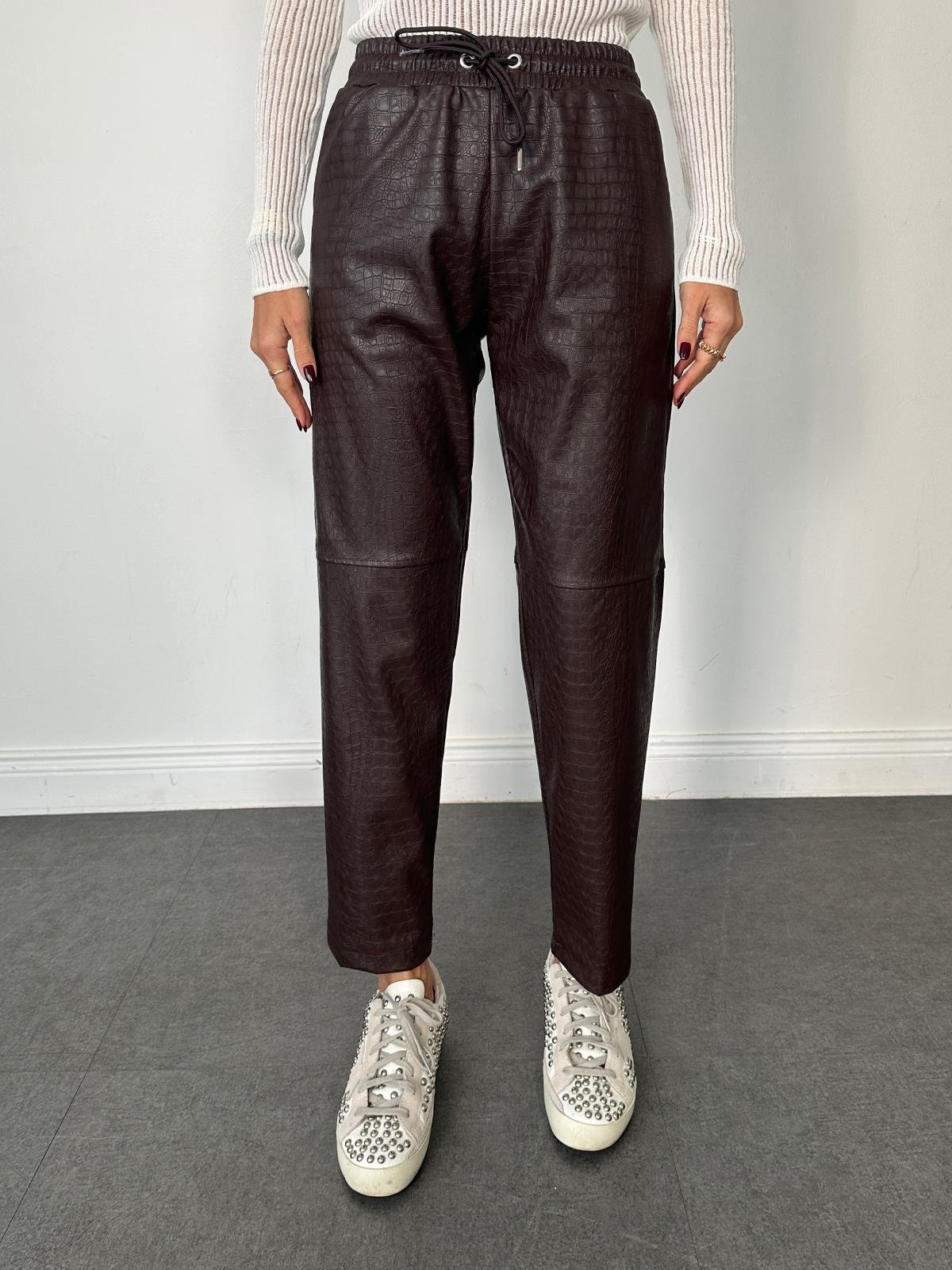 Kahve Krokodil Çimalı Deri Pantolon