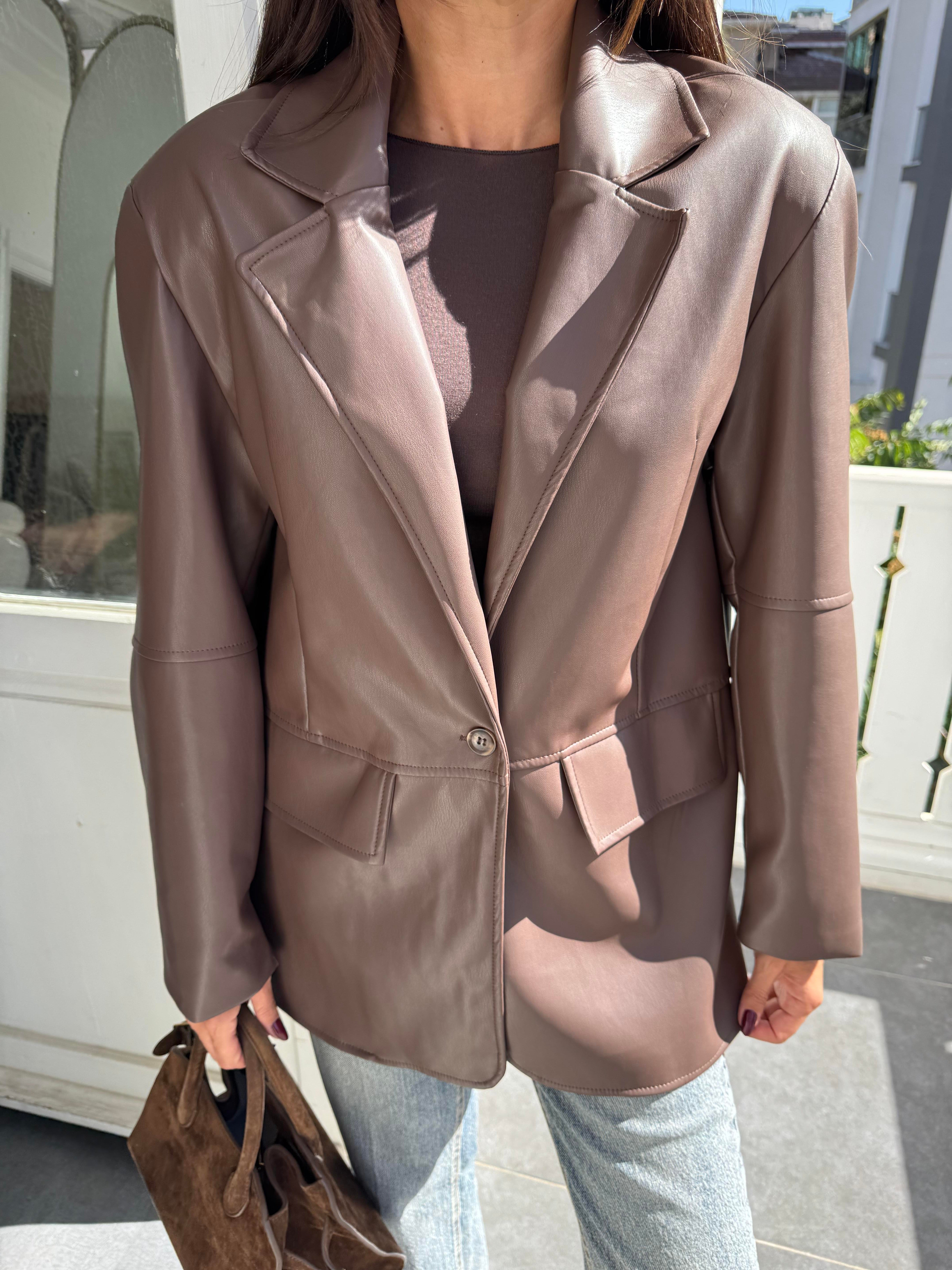 Kahve Kruvaze Kesim Deri Blazer Ceket