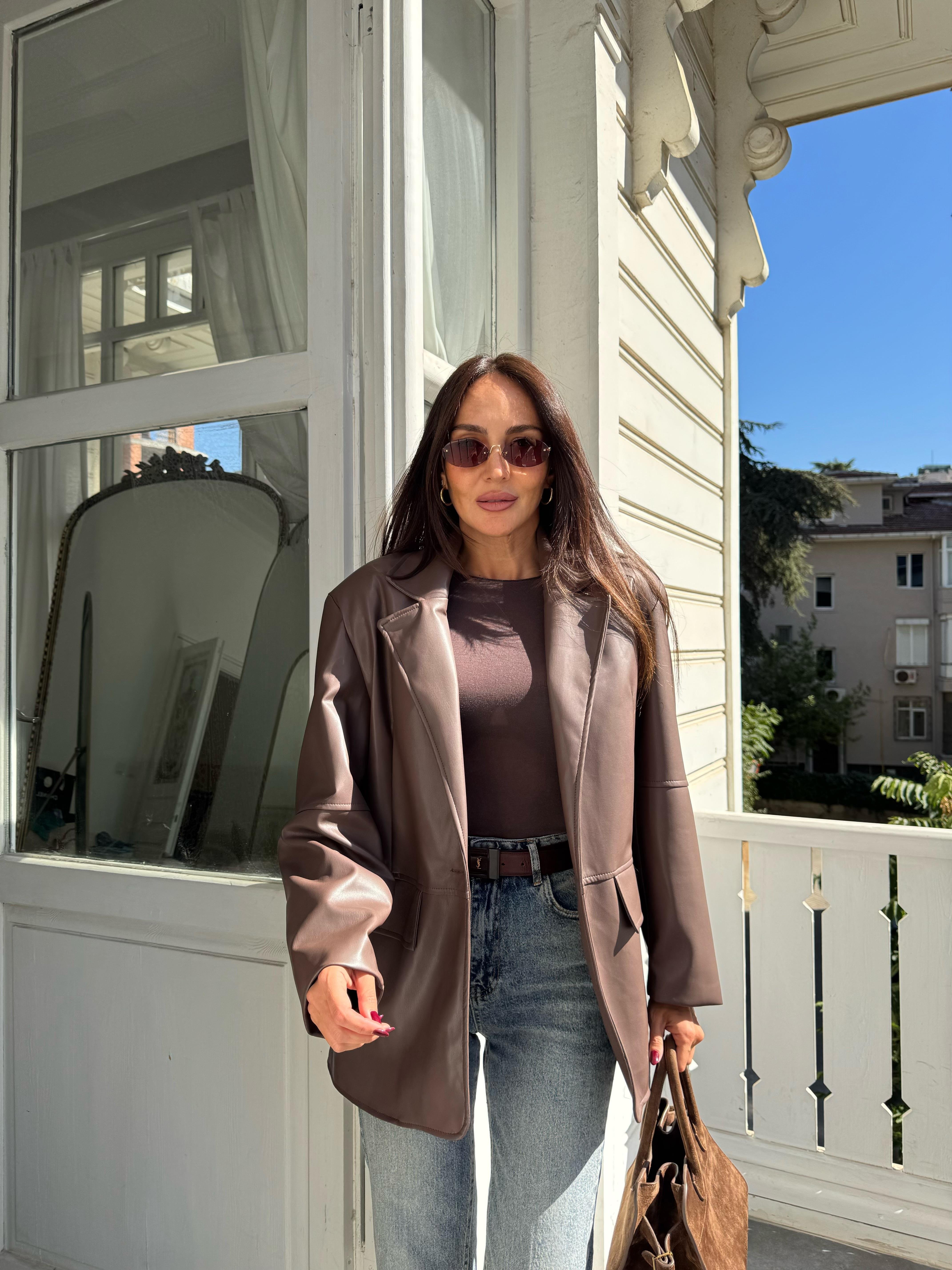 Kahve Kruvaze Kesim Deri Blazer Ceket