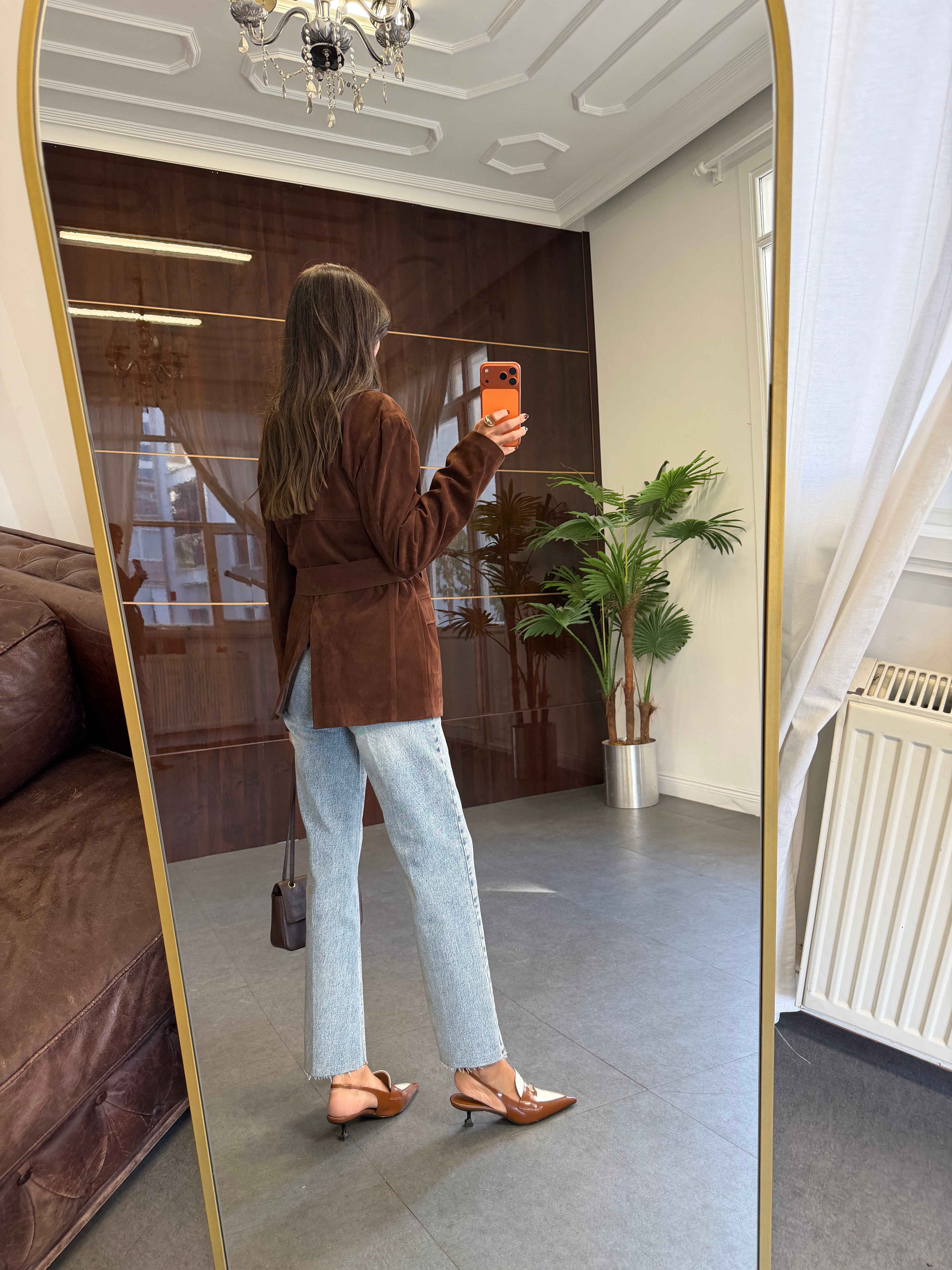Kahve Kuşaklı Süet Blazer Ceket