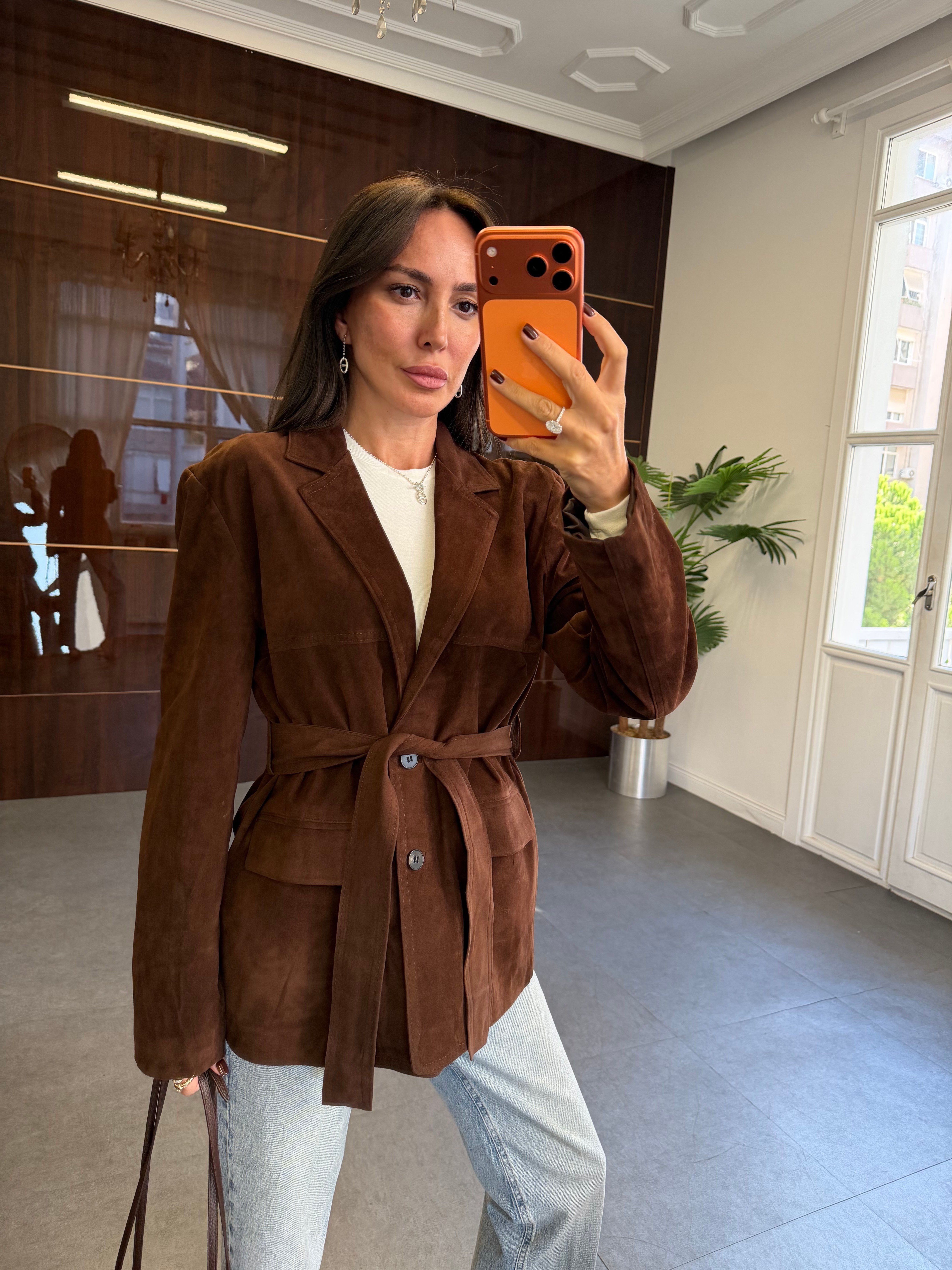 Kahve Kuşaklı Süet Blazer Ceket