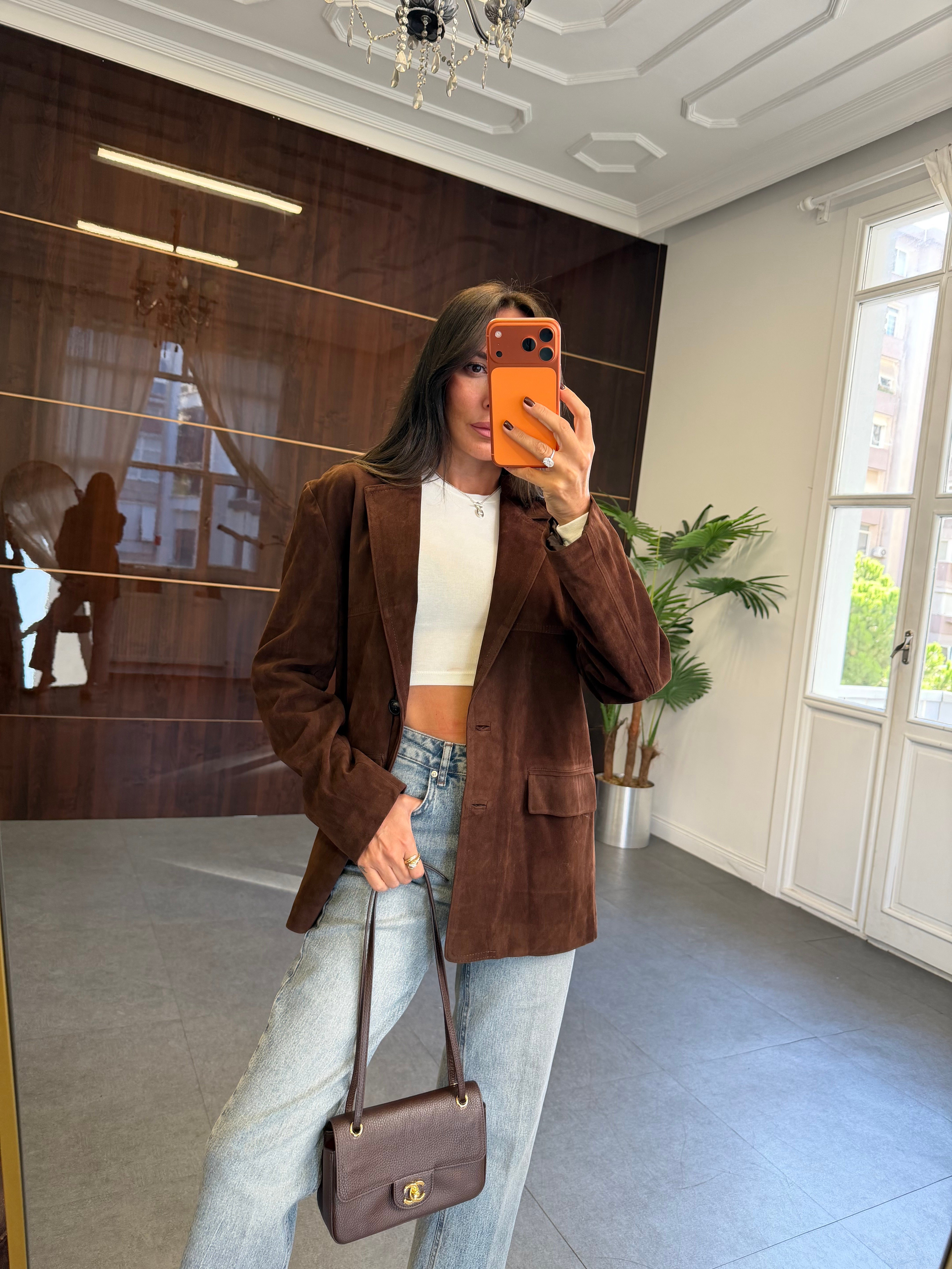 Kahve Kuşaklı Süet Blazer Ceket