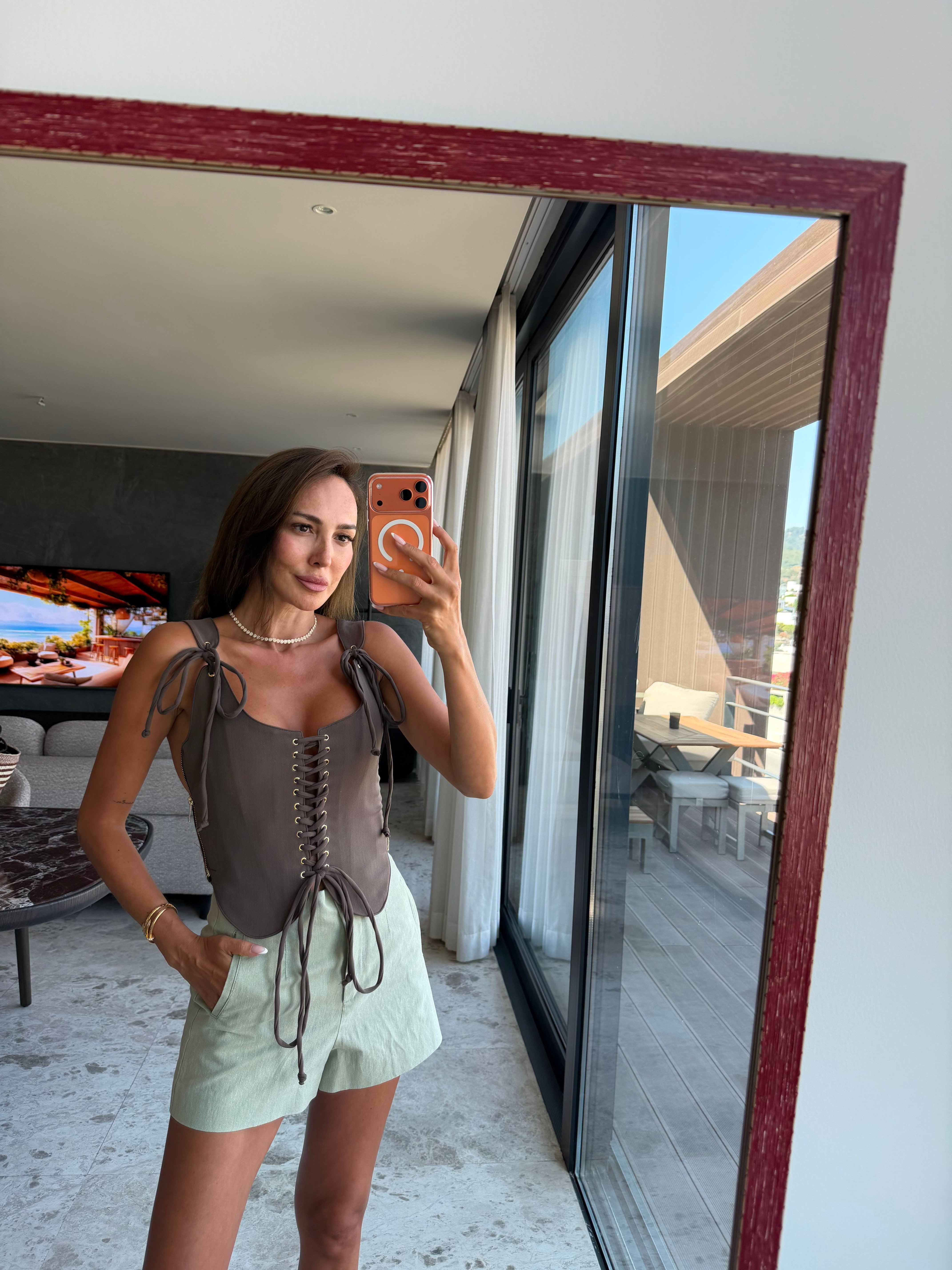 Kahve Kuşgözü Korse Bluz