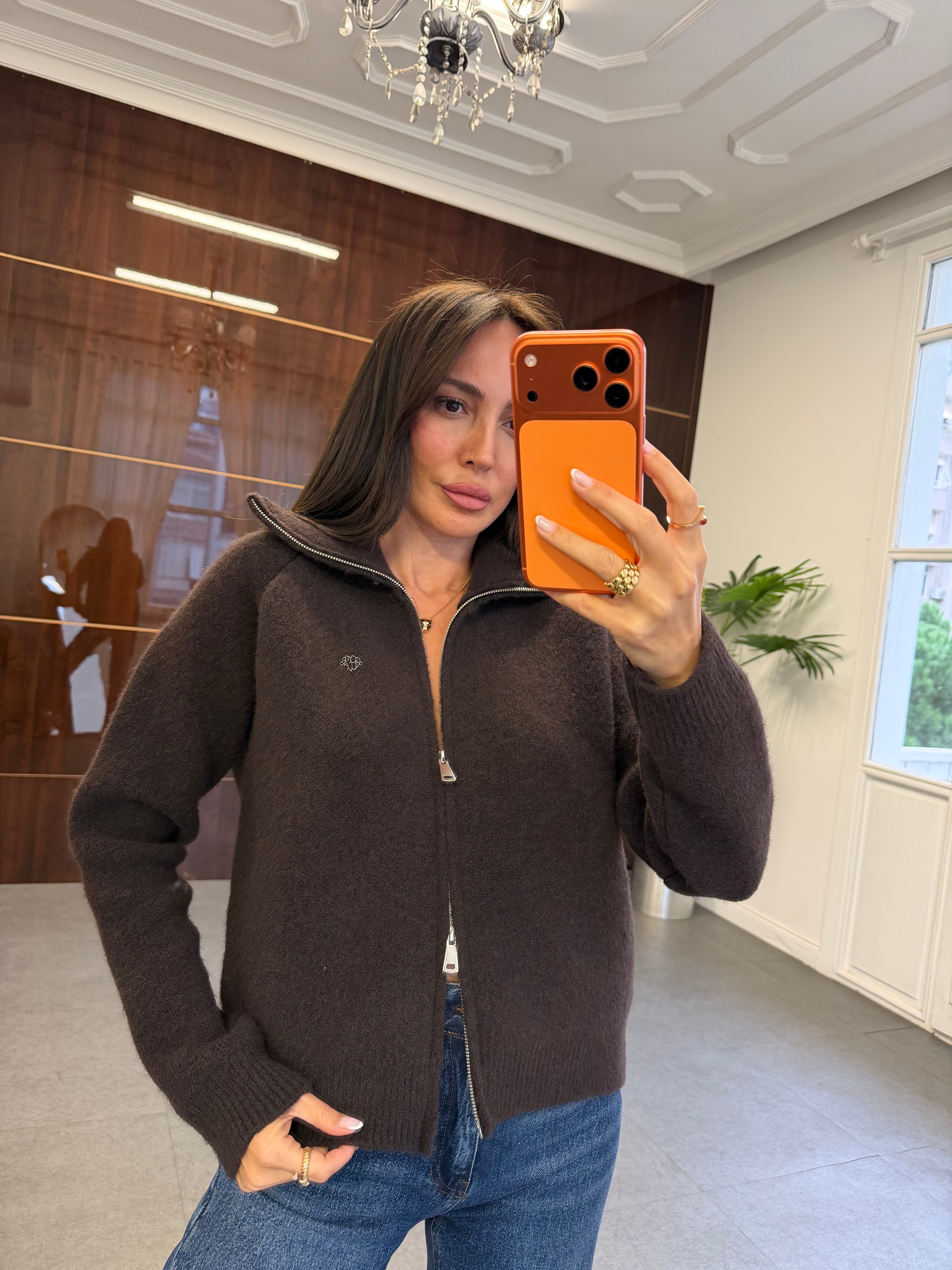 Kahve Lena Çift Fermuarlı Hırka