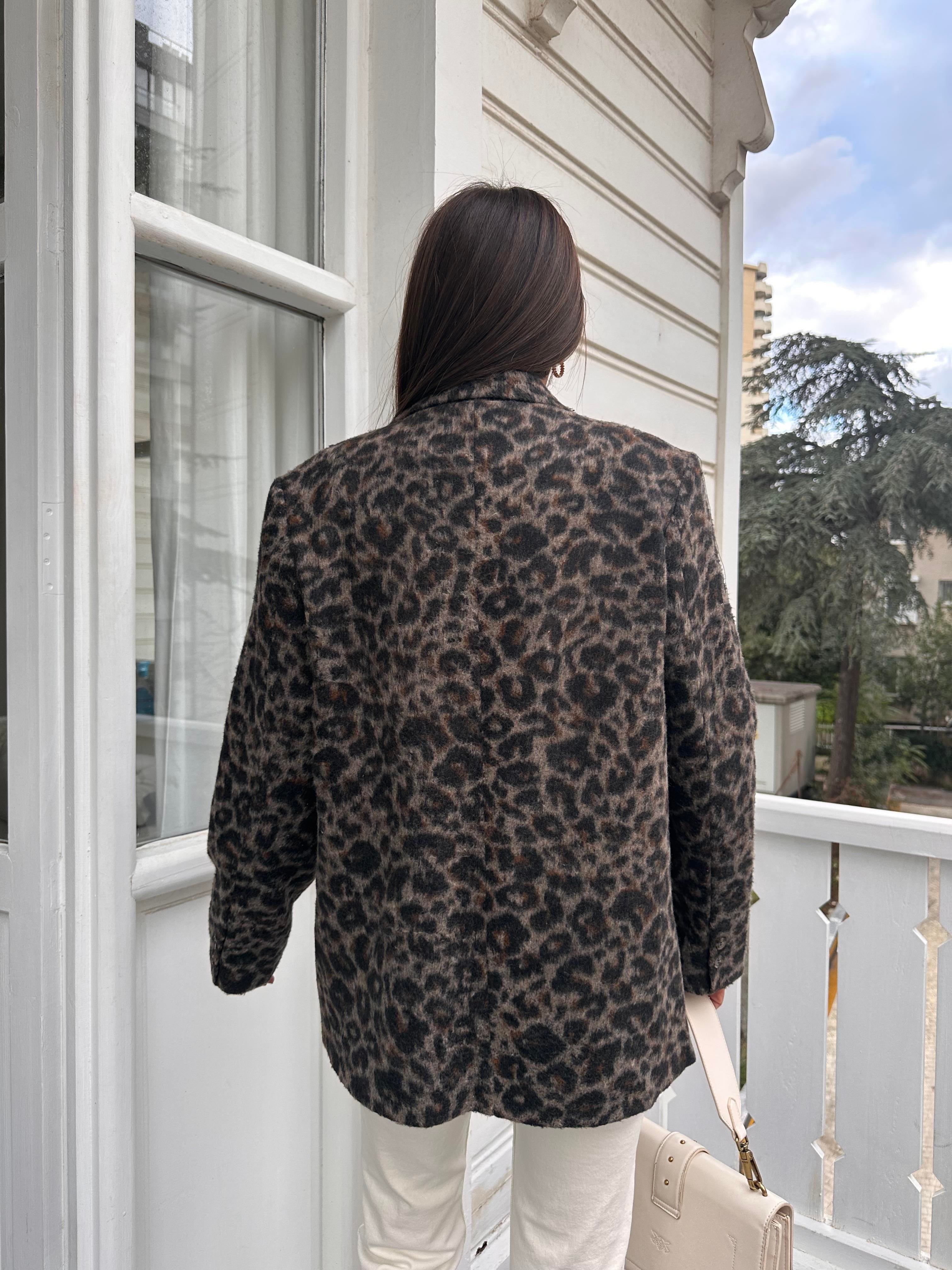 Kahve Leopar Desen Oversize Ceket