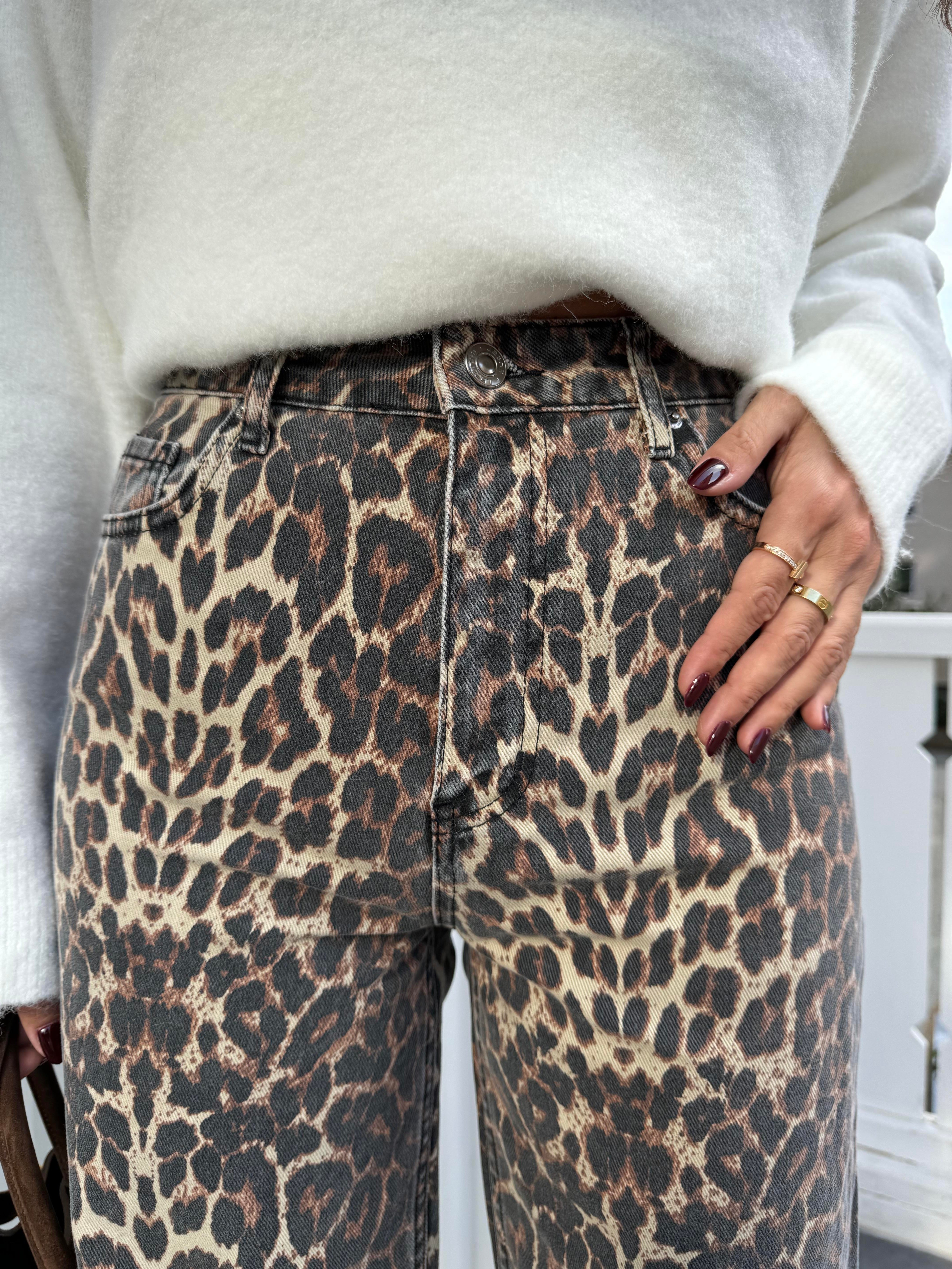 Kahve Leopar Desenli Straight Jean