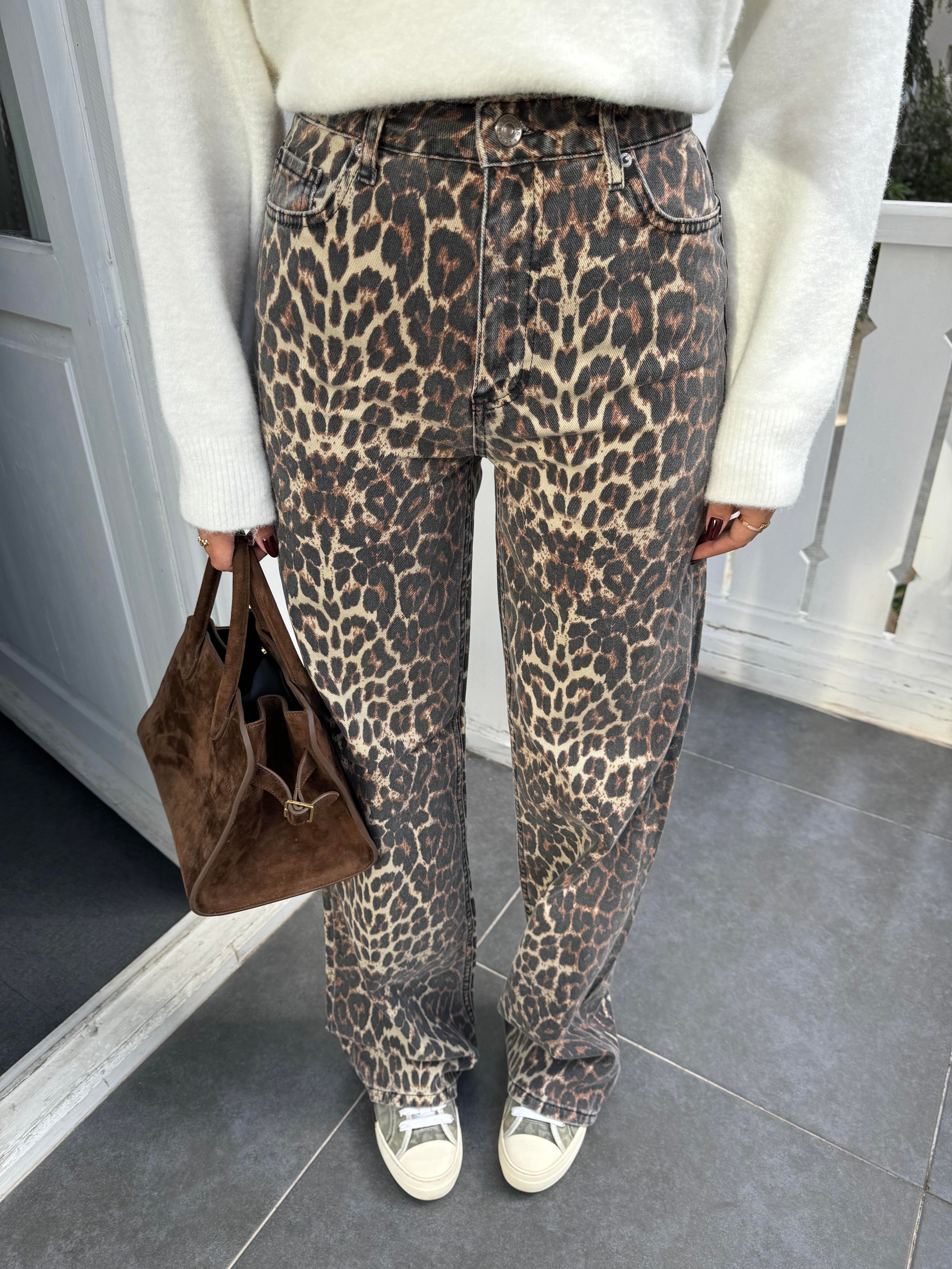 Kahve Leopar Desenli Straight Jean
