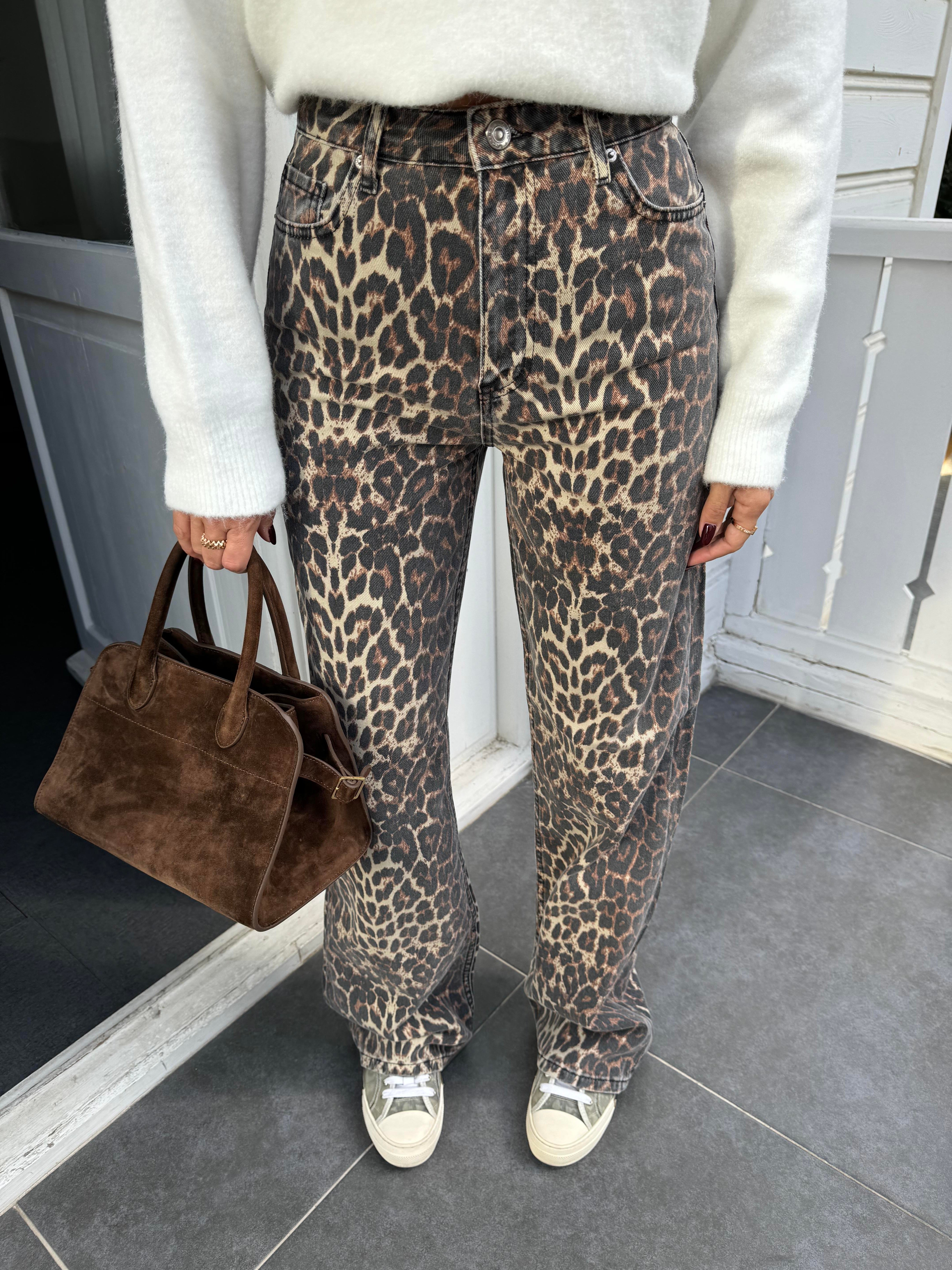Kahve Leopar Desenli Straight Jean