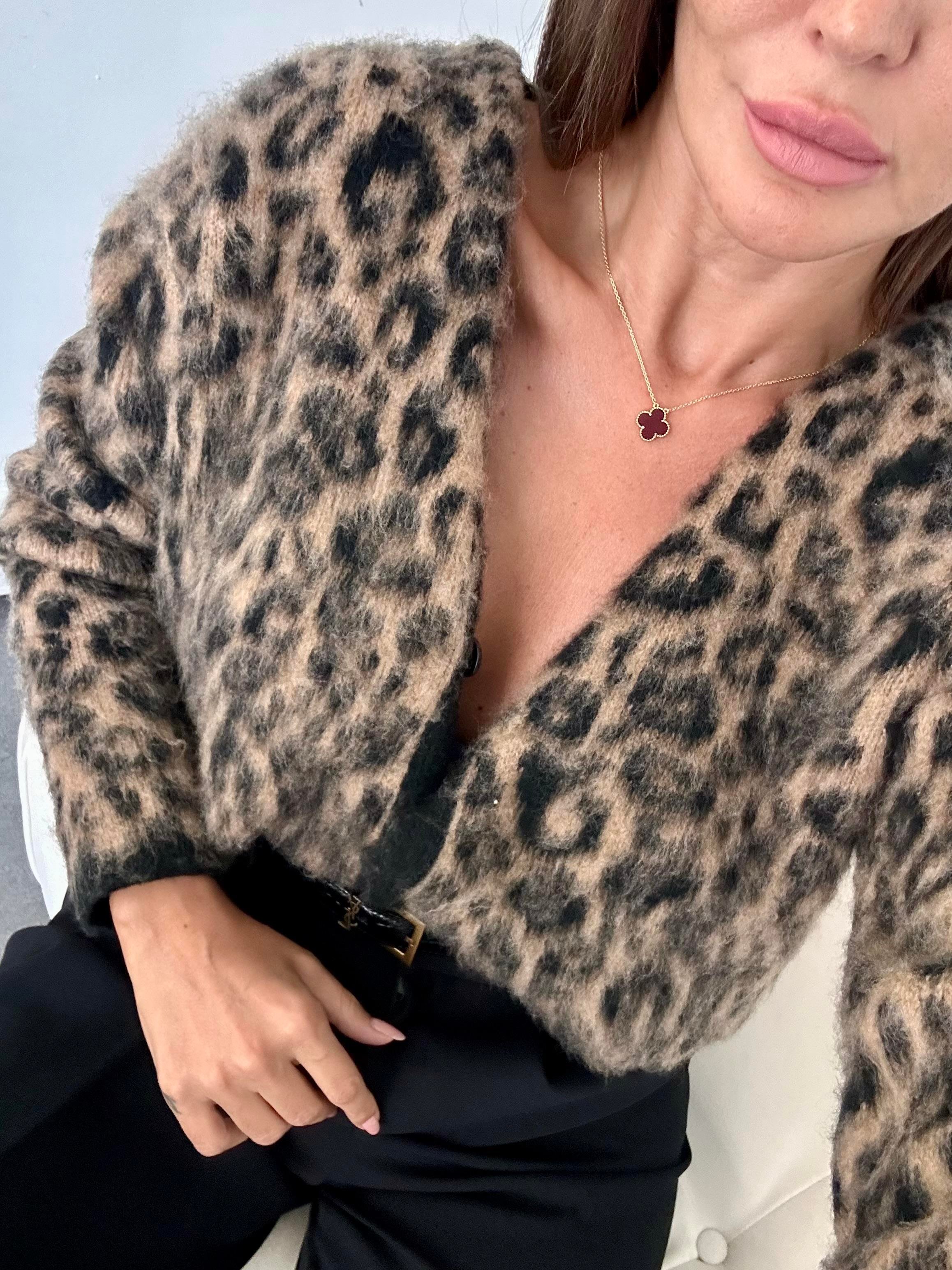 Kahve Leopar Sakallı Triko Hırka
