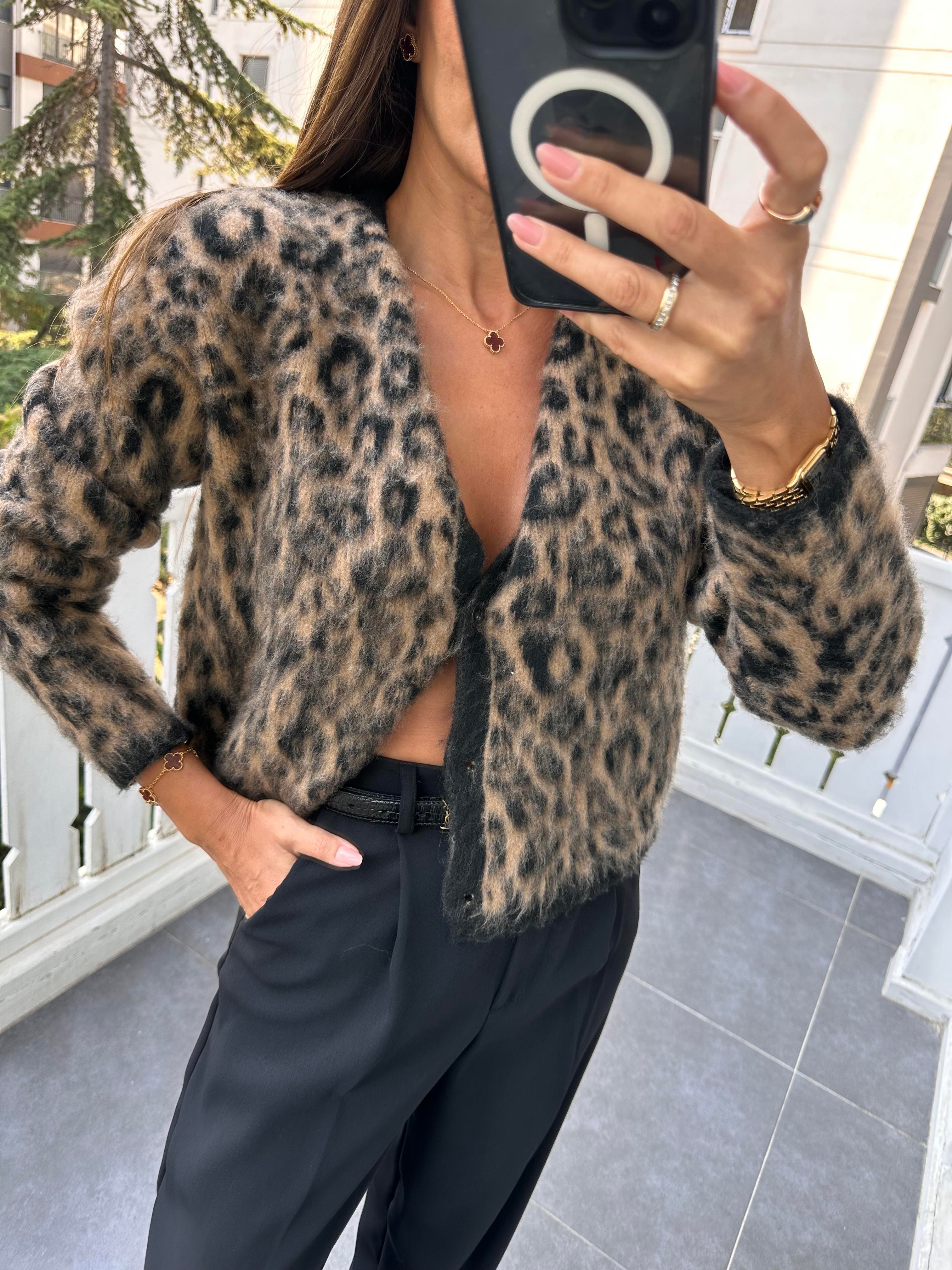 Kahve Leopar Sakallı Triko Hırka