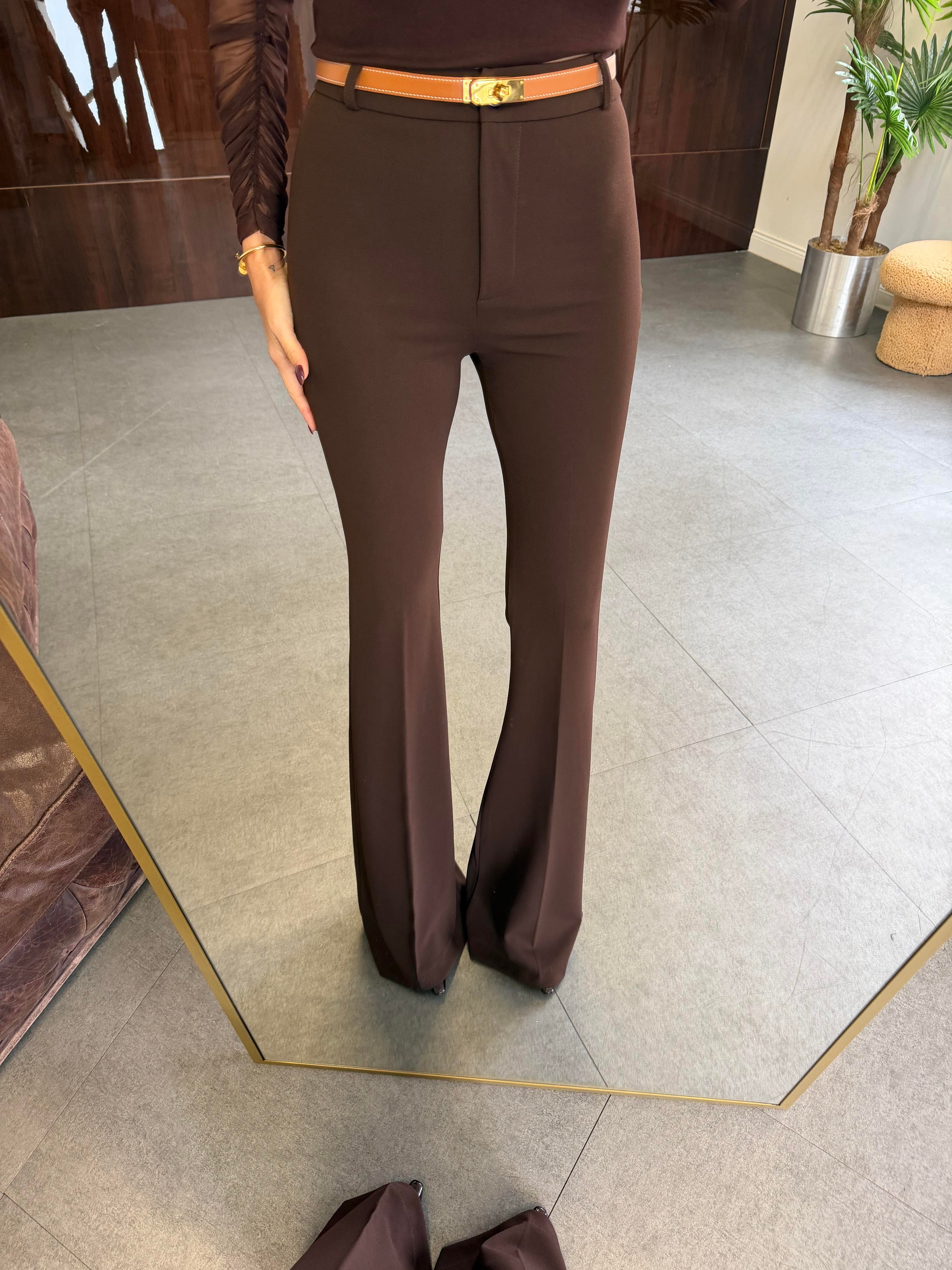 Kahve Likralı İspanyol Paça Kumaş Pantolon