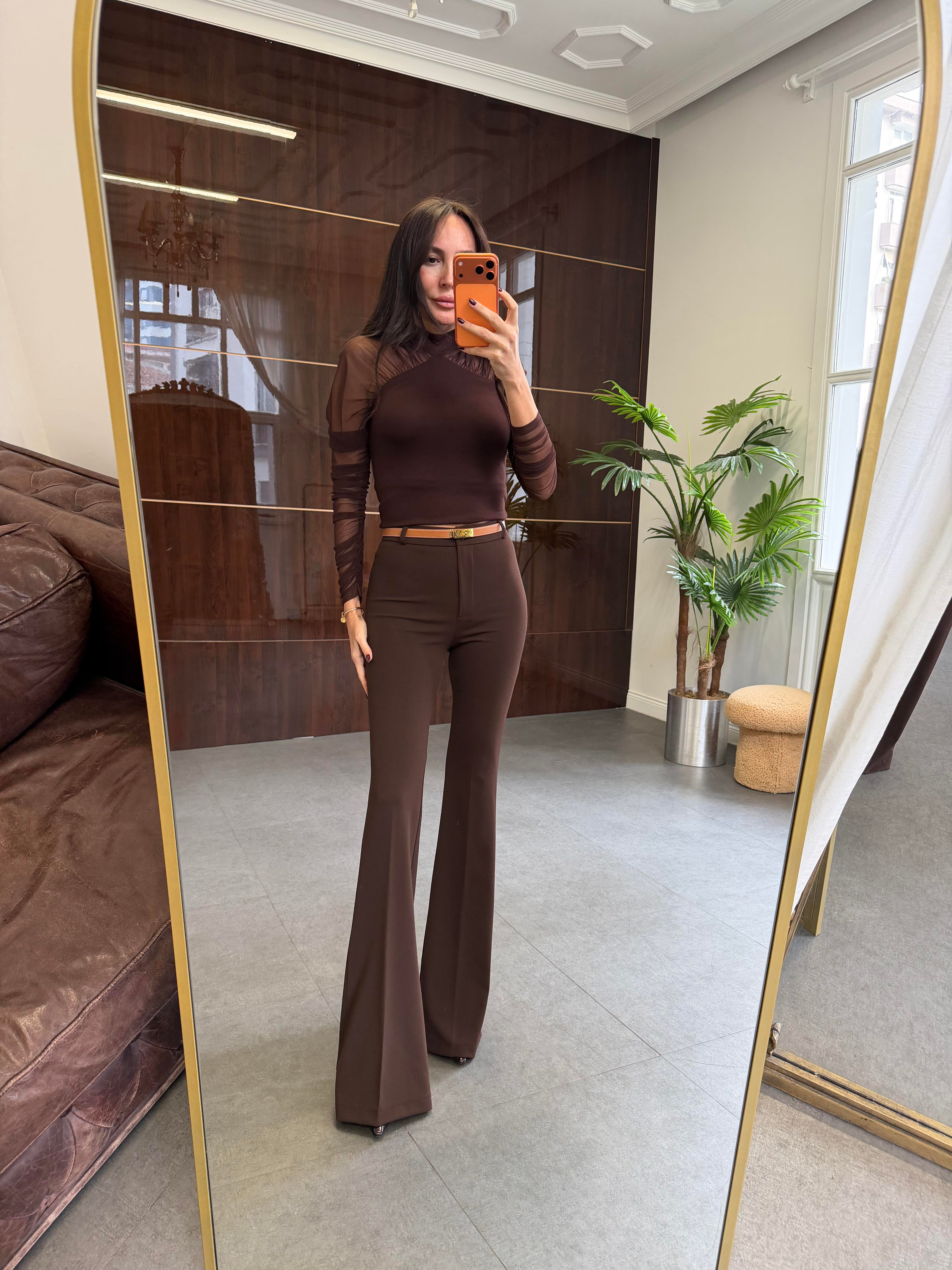 Kahve Likralı İspanyol Paça Kumaş Pantolon