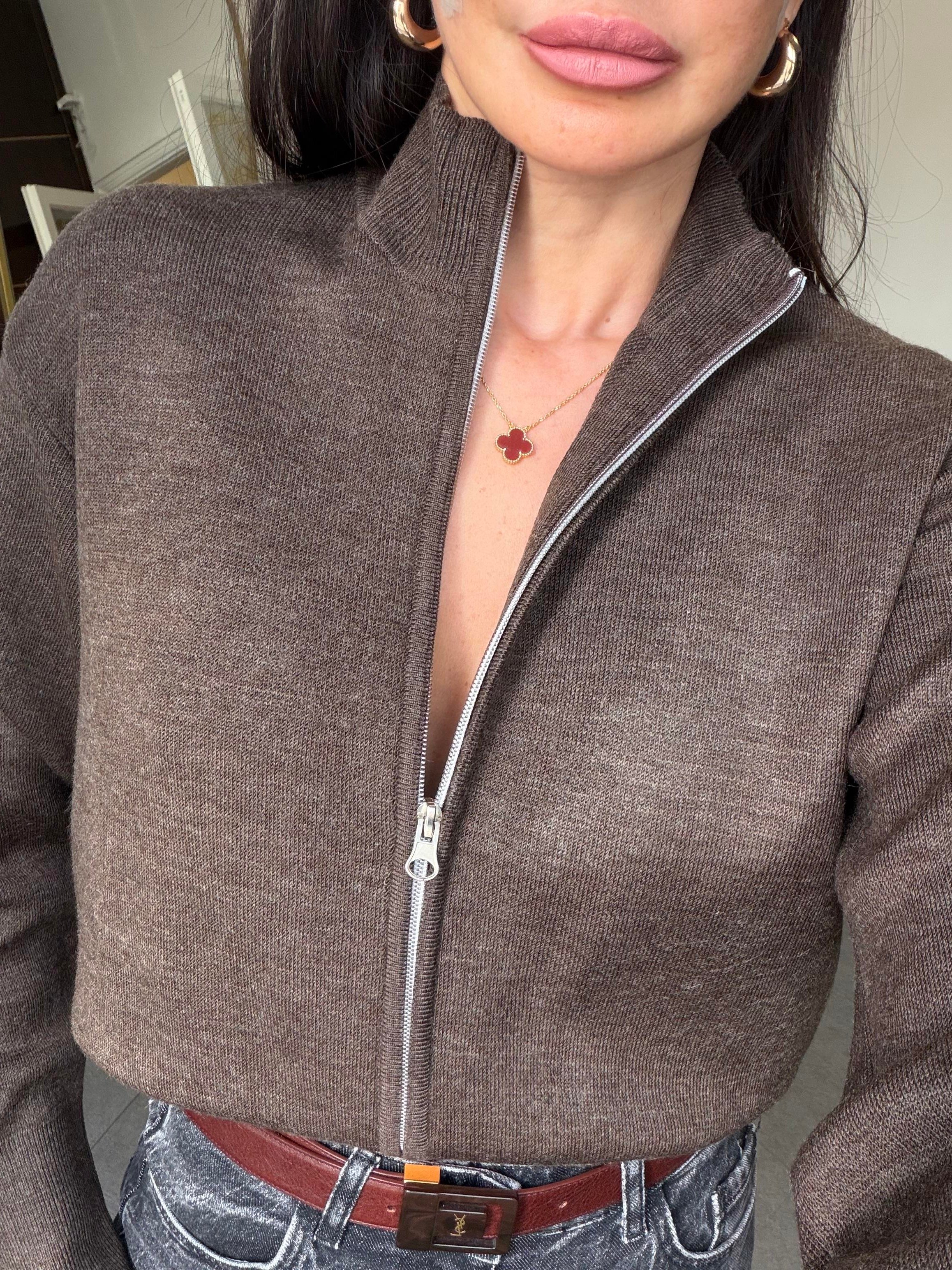 Kahve Melanj Fermuarlı Hırka