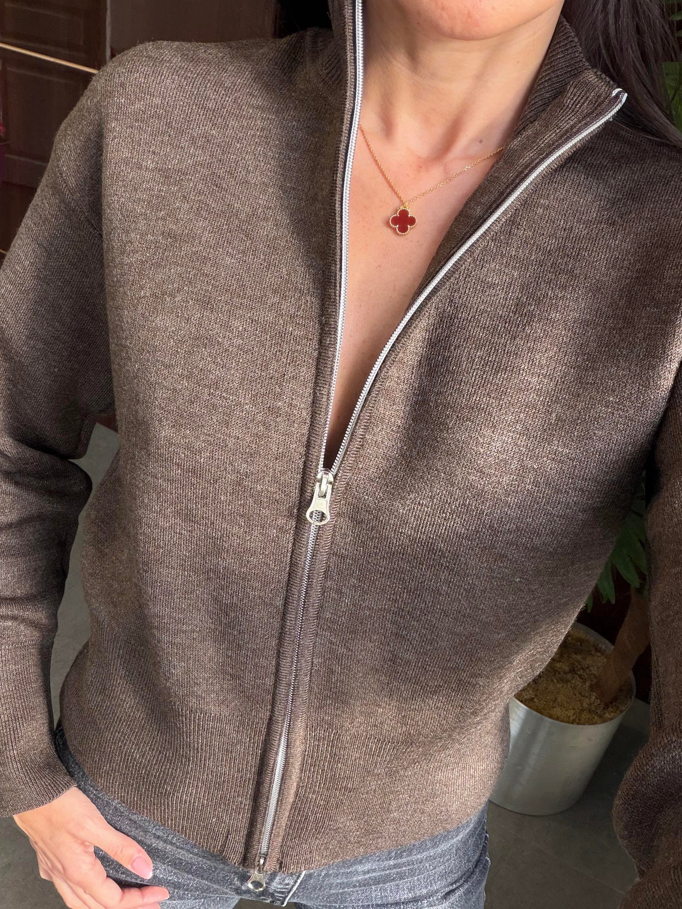 Kahve Melanj Fermuarlı Hırka