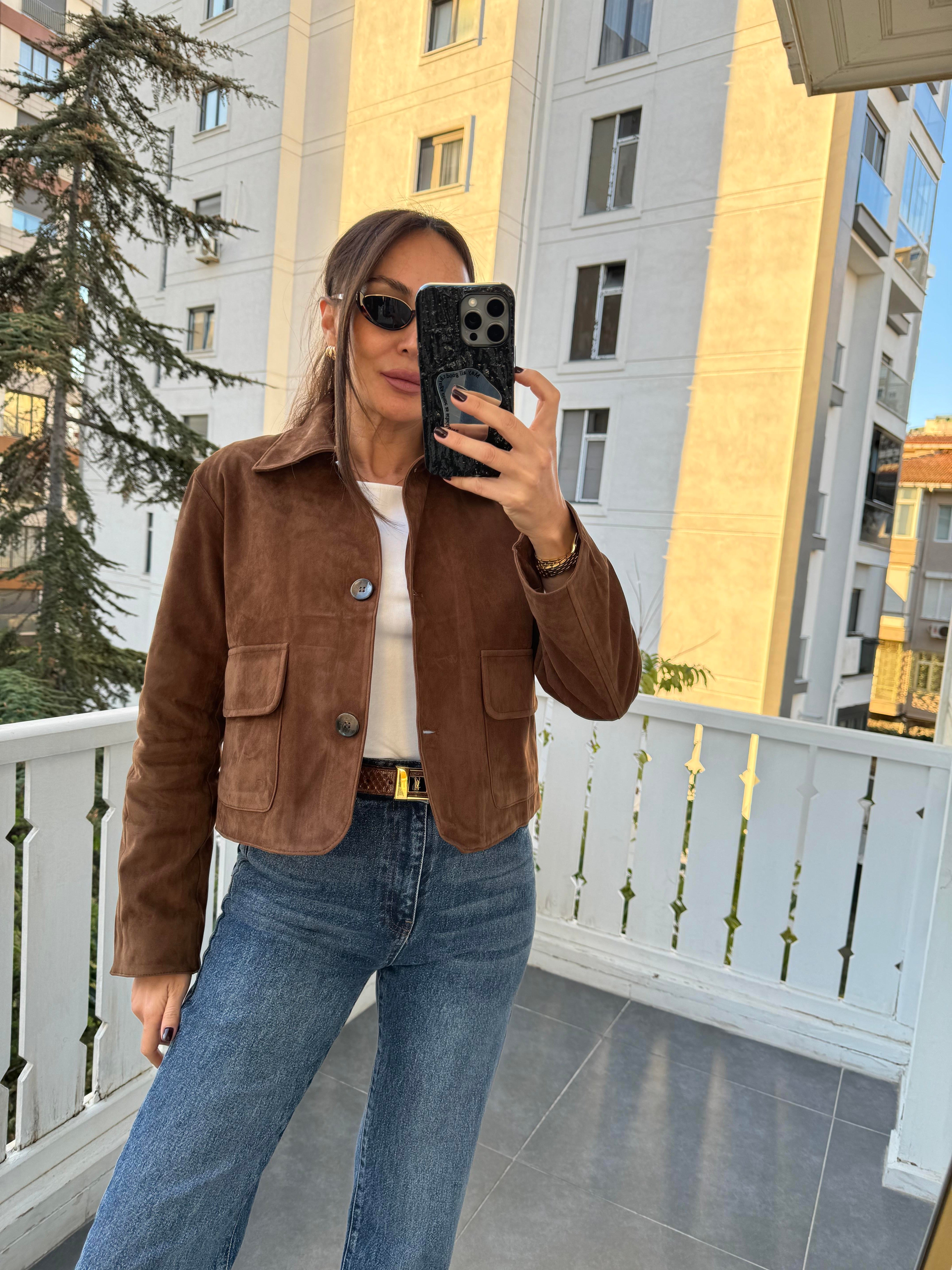 Kahve Mini Astarlı Güderi Ceket