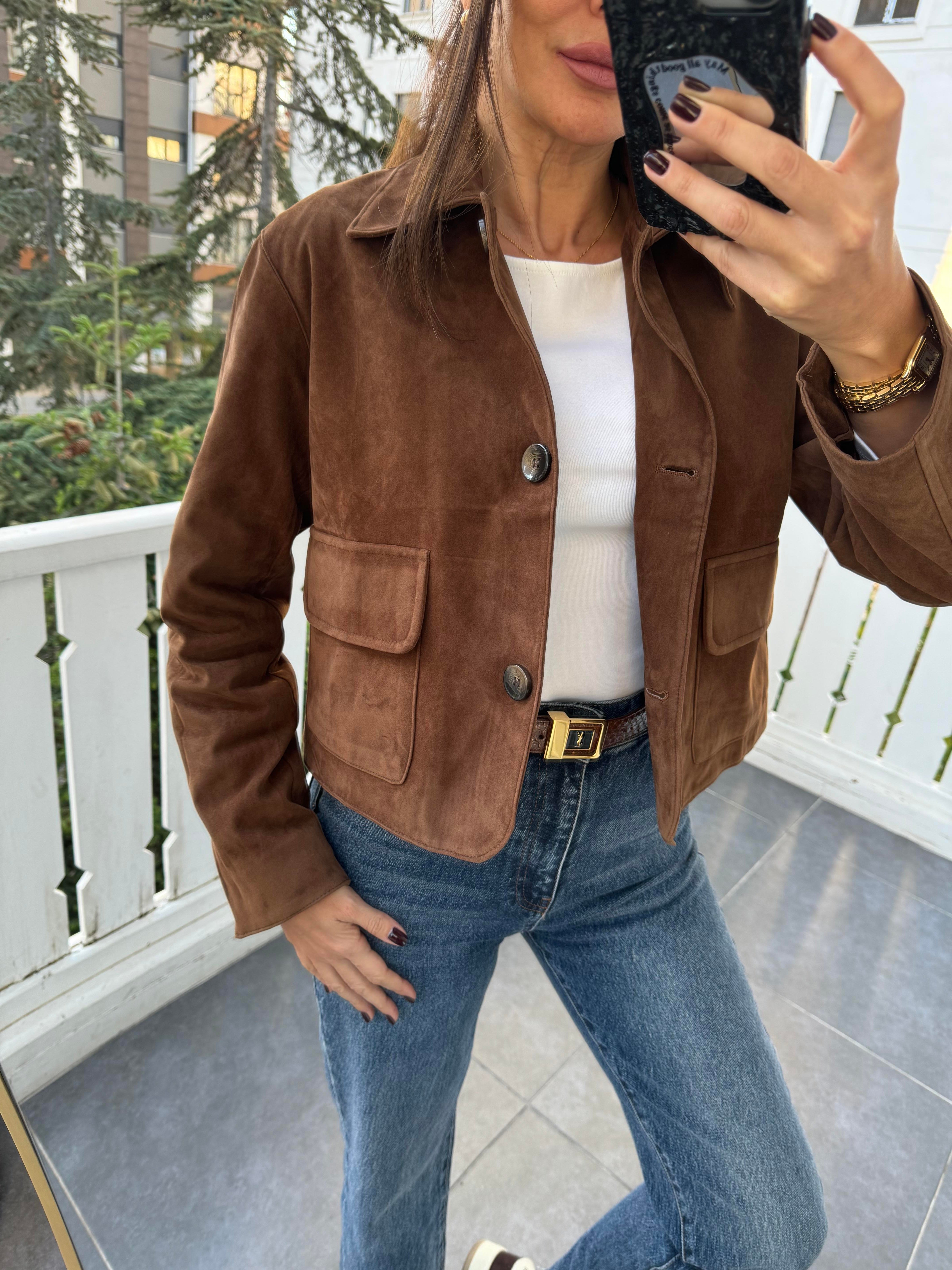 Kahve Mini Astarlı Güderi Ceket