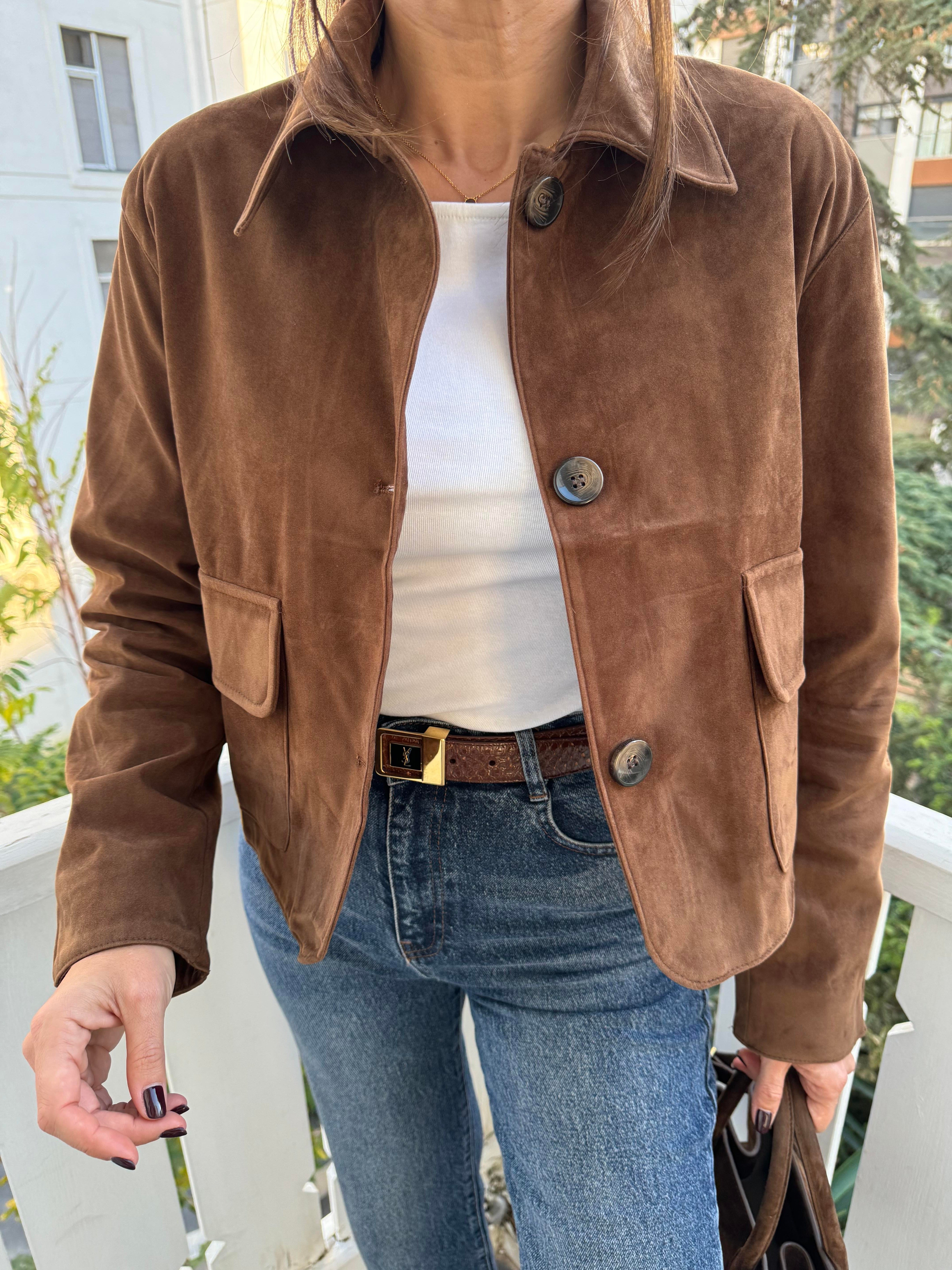 Kahve Mini Astarlı Güderi Ceket