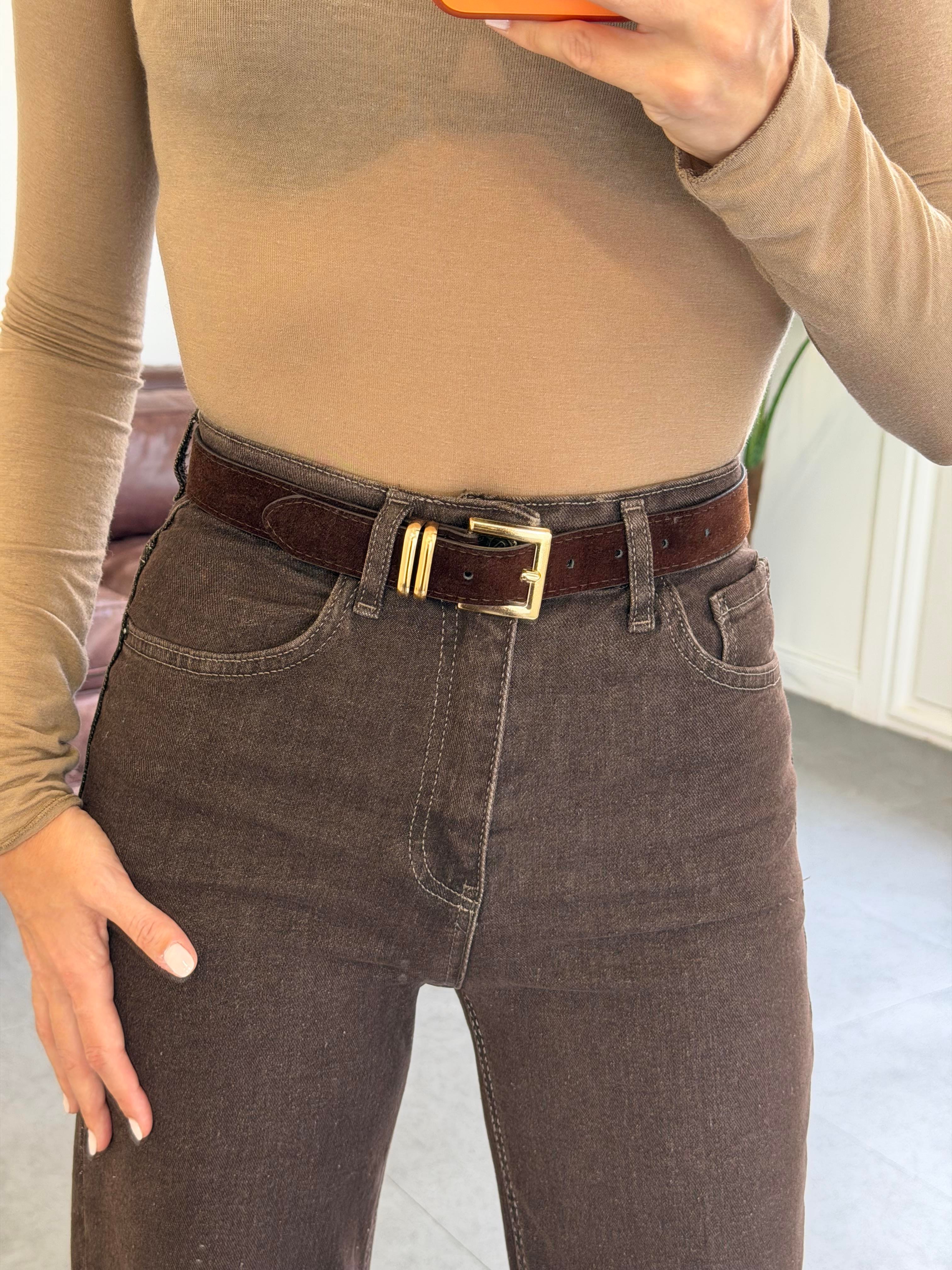 Kahve Paça Kesimli Kemerli Pantolon