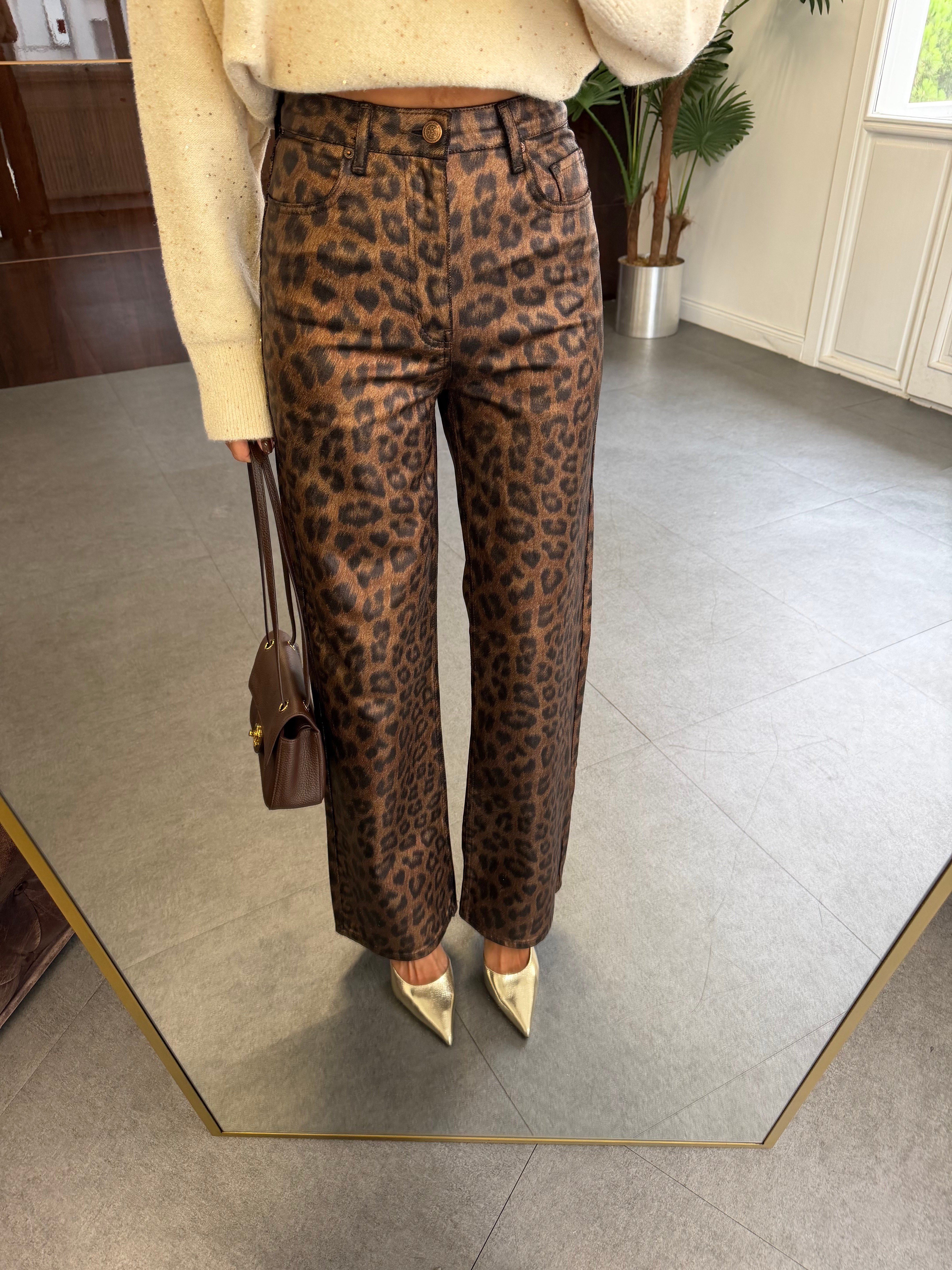 Kahve Parlak Baskı Leopar Jean