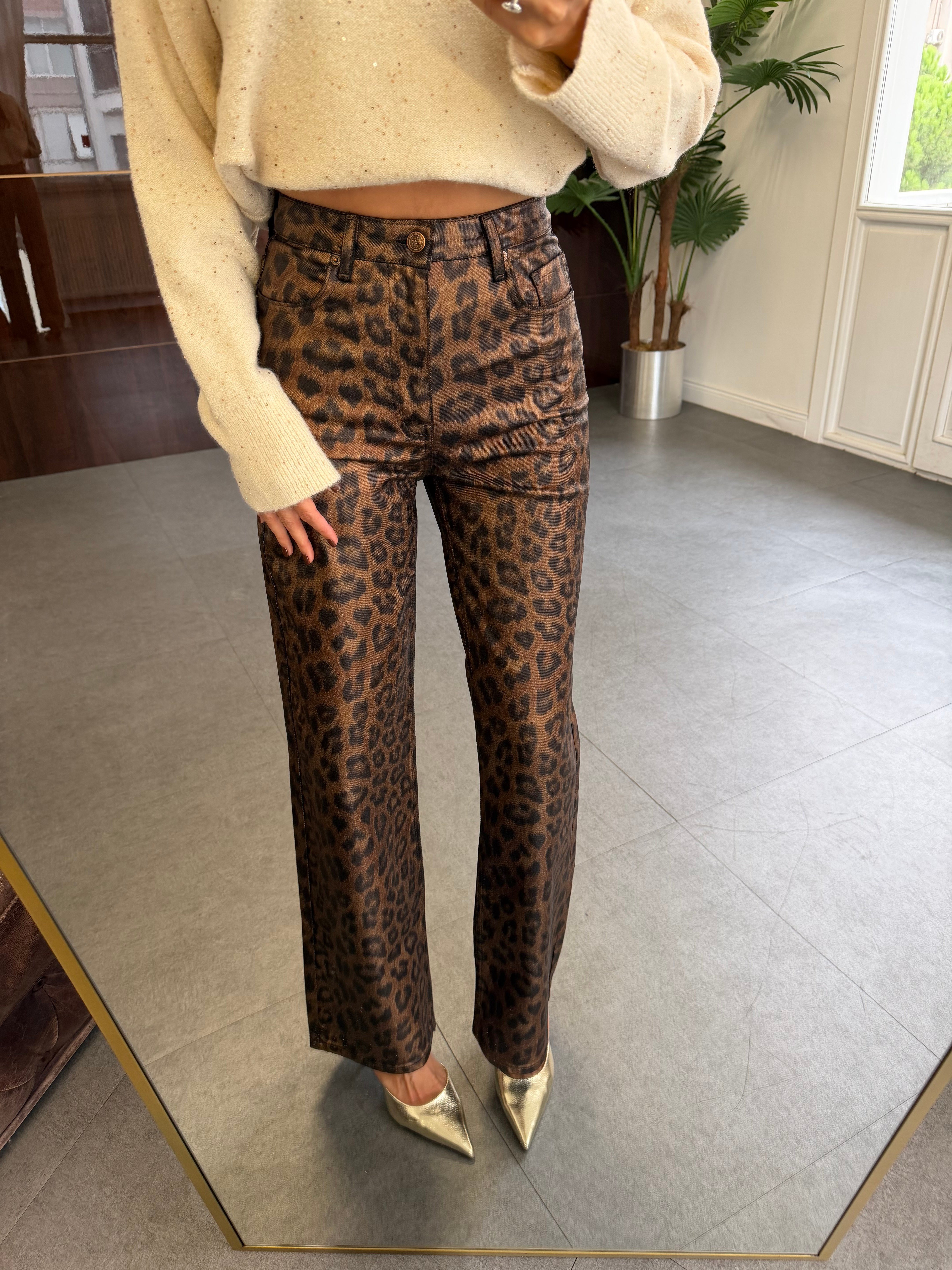 Kahve Parlak Baskı Leopar Jean