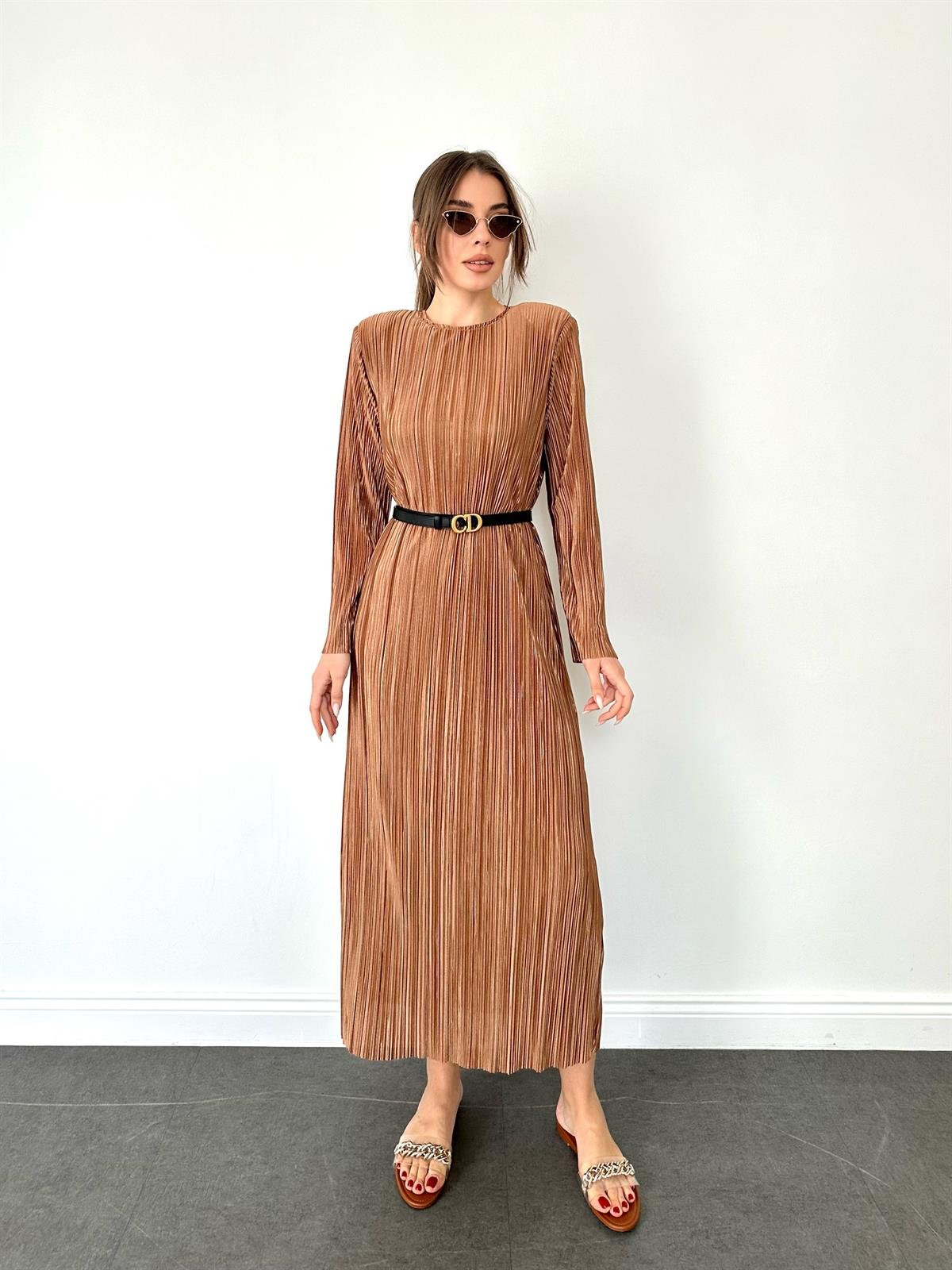 Kahve  Pilise Midi Boy Kadın Elbise