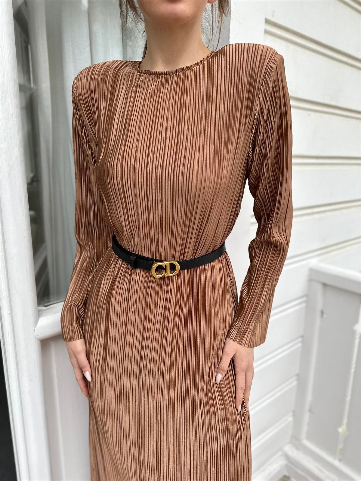 Kahve  Pilise Midi Boy Kadın Elbise