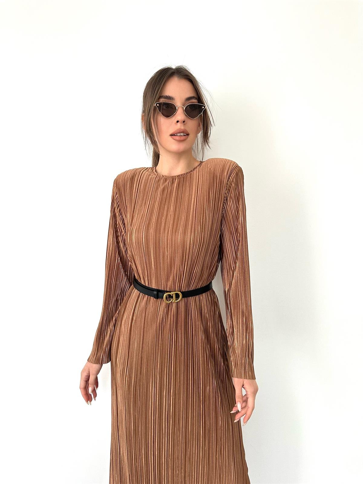 Kahve  Pilise Midi Boy Kadın Elbise