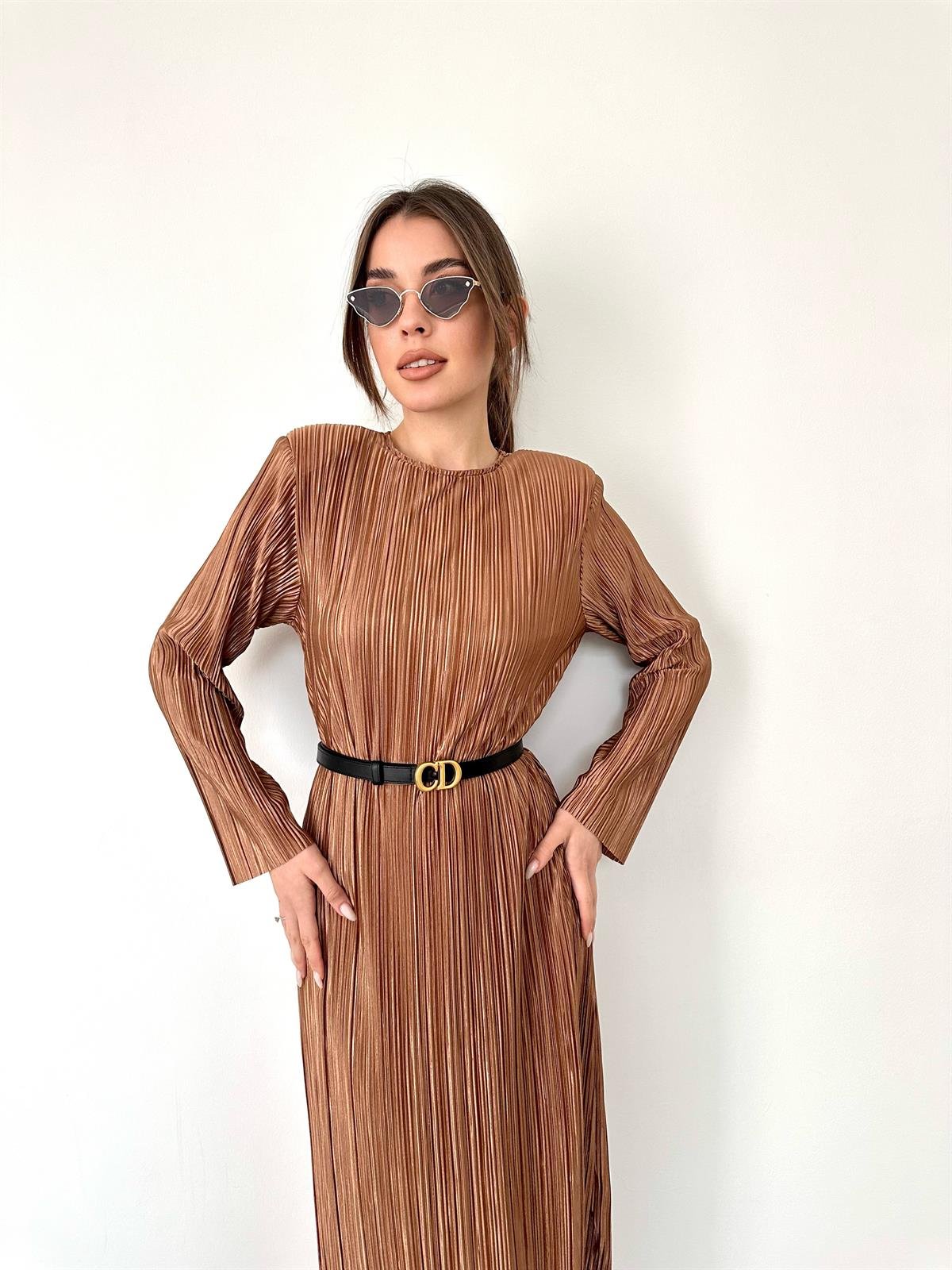 Kahve  Pilise Midi Boy Kadın Elbise