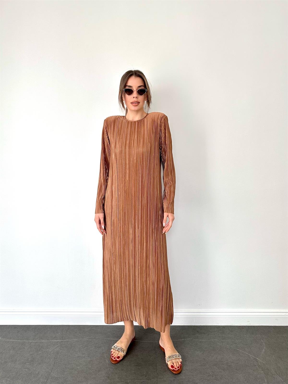 Kahve  Pilise Midi Boy Kadın Elbise