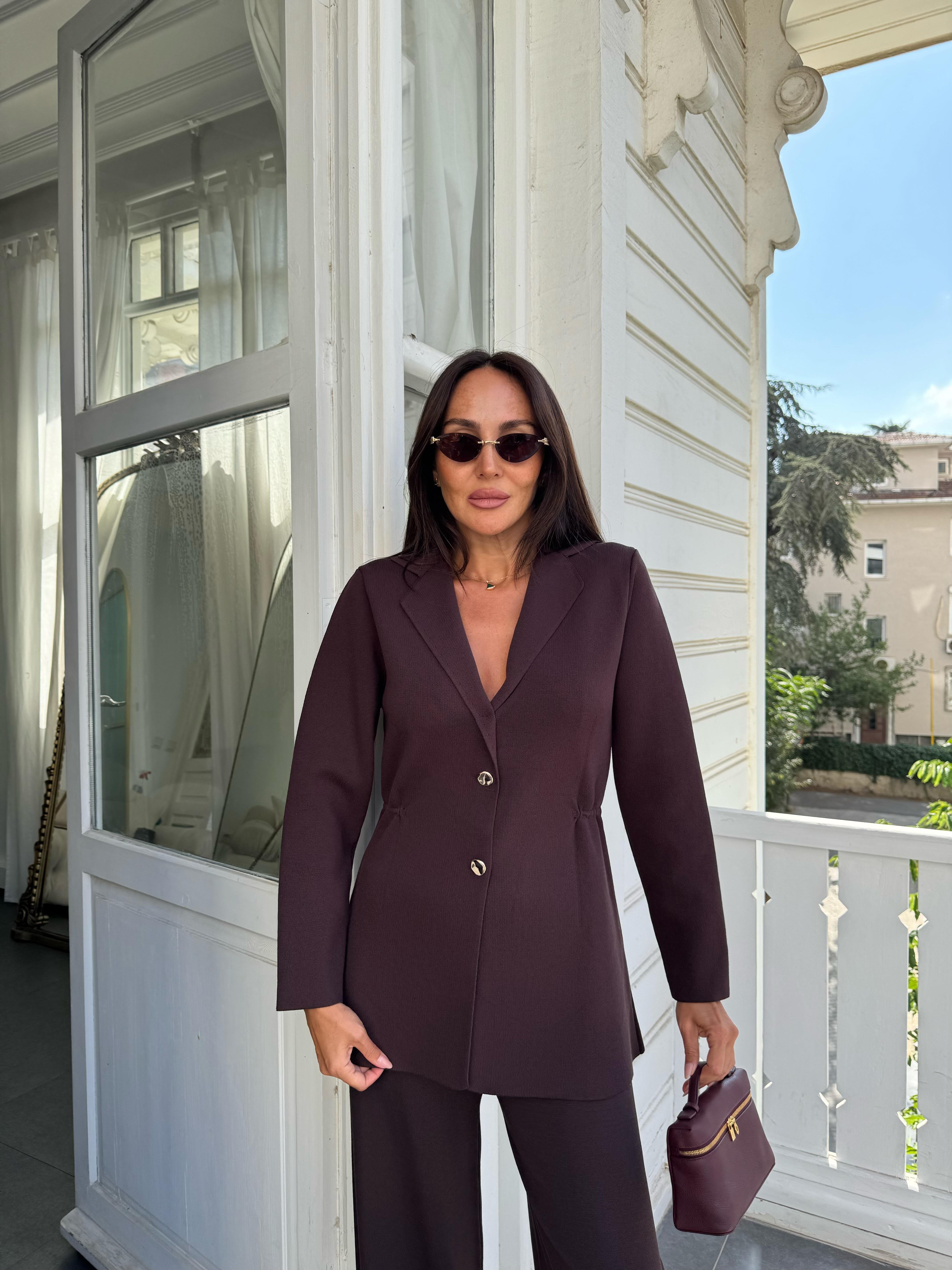 Kahve Premium Yan Büzgülü Triko Ceket